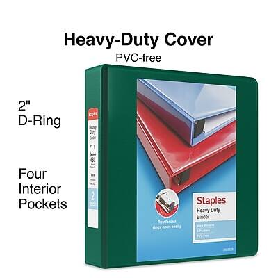 Heavy-Duty Cover  
PVC-free  

2" D-Ring  

Four Interior Pockets  

Staples Heavy Duty Binder  
Reinforced Rings Open Easily  

480 Sheets Capacity