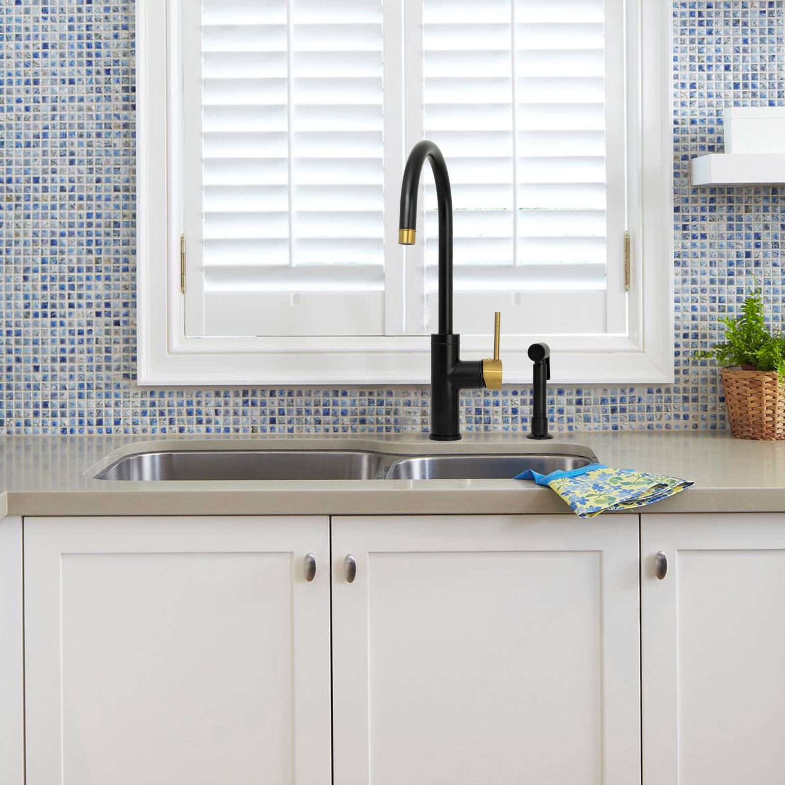 Alt View 3. Akicon - Akicon Solid Brass Single Handle 360° Swivel Widespread Kitchen Faucet with Side Sprayer in Matte Black & Brushed Gold - Matte Black & Brushed Gold.