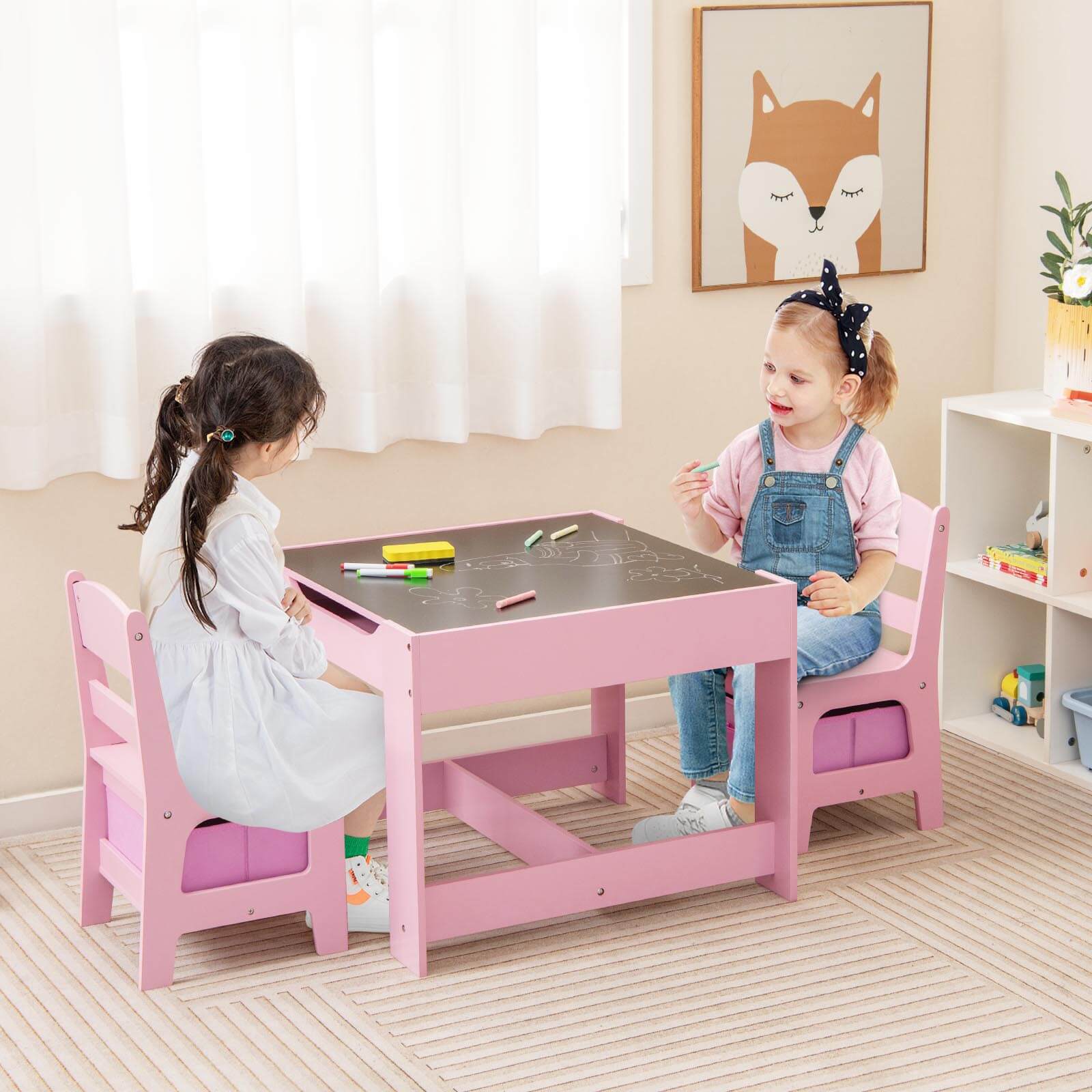 Alt View 1. Costway - Costway 3 in 1 Kids Wood Table Chairs Set w/ Storage Box Blackboard Drawing - Pink.