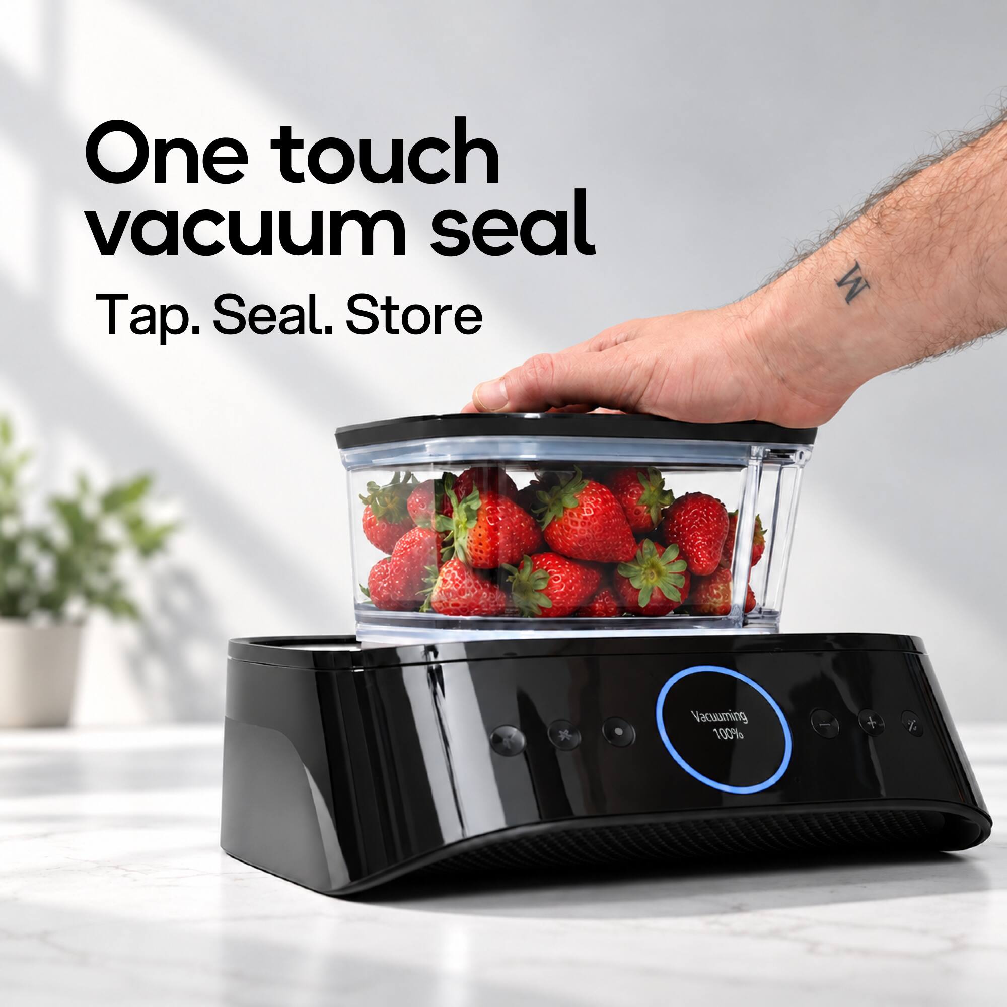 One touch vacuum seal  
Tap. Seal. Store  

Vacuuming 100%