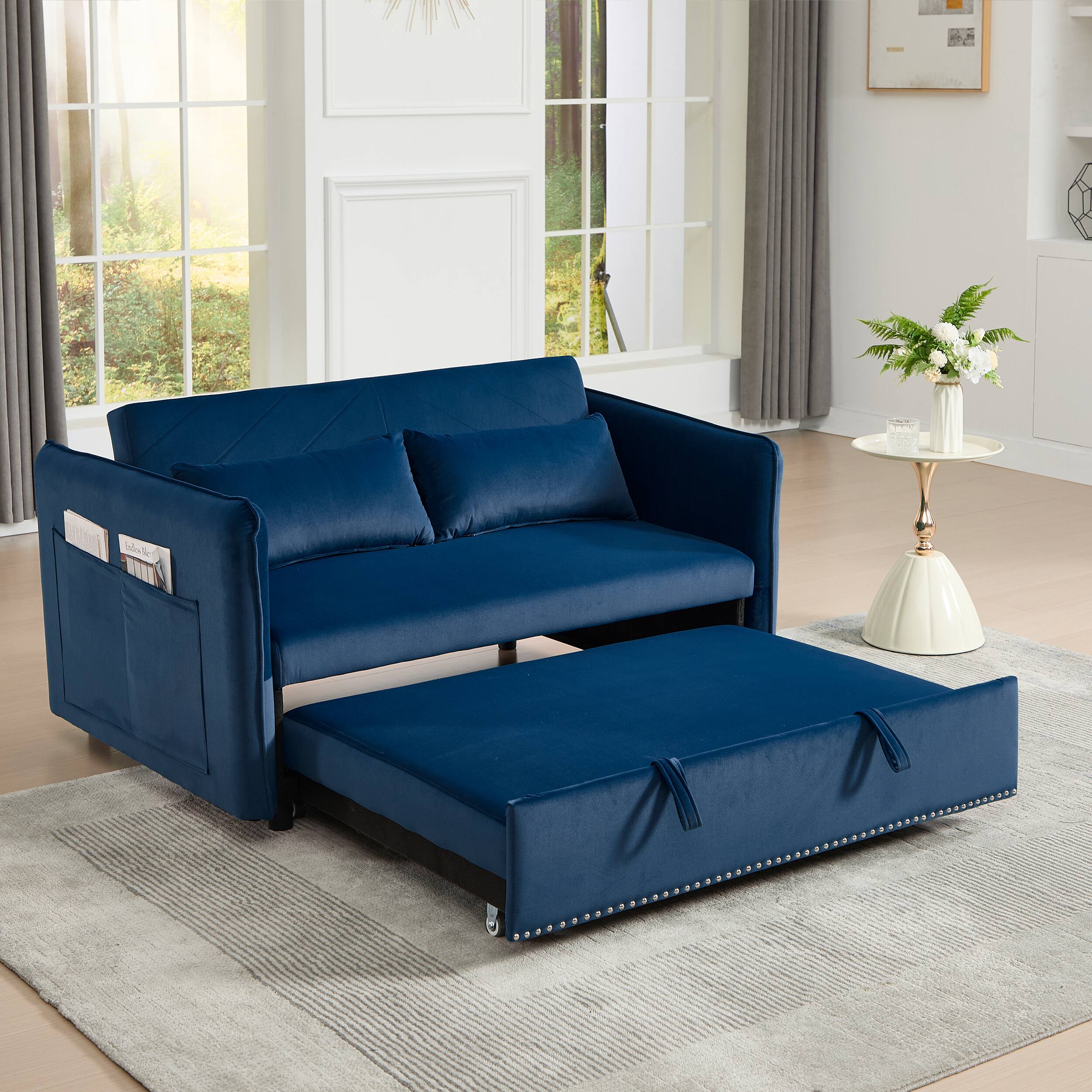 Left. Tiramisubest - 3 in 1 Convertible Sleeper Futon Sofa Bed,55" Velvet Loveseat with 2 Pillows,Reclining Backrest & Side Pockets,Blue - Blue.