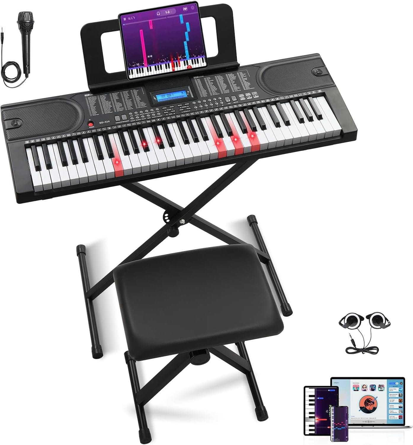 Winado - 61 Key Keyboard Piano, Electric Keyboard Piano with Clear LCD Screen,Bluetooth MIDI Capability, Adjustable Stand & Stool - Black