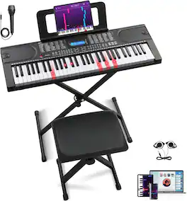 Winado - 61 Key Keyboard Piano, Electric Keyboard Piano with Clear LCD Screen,Bluetooth MIDI Capability, Adjustable Stand & Stool - Black