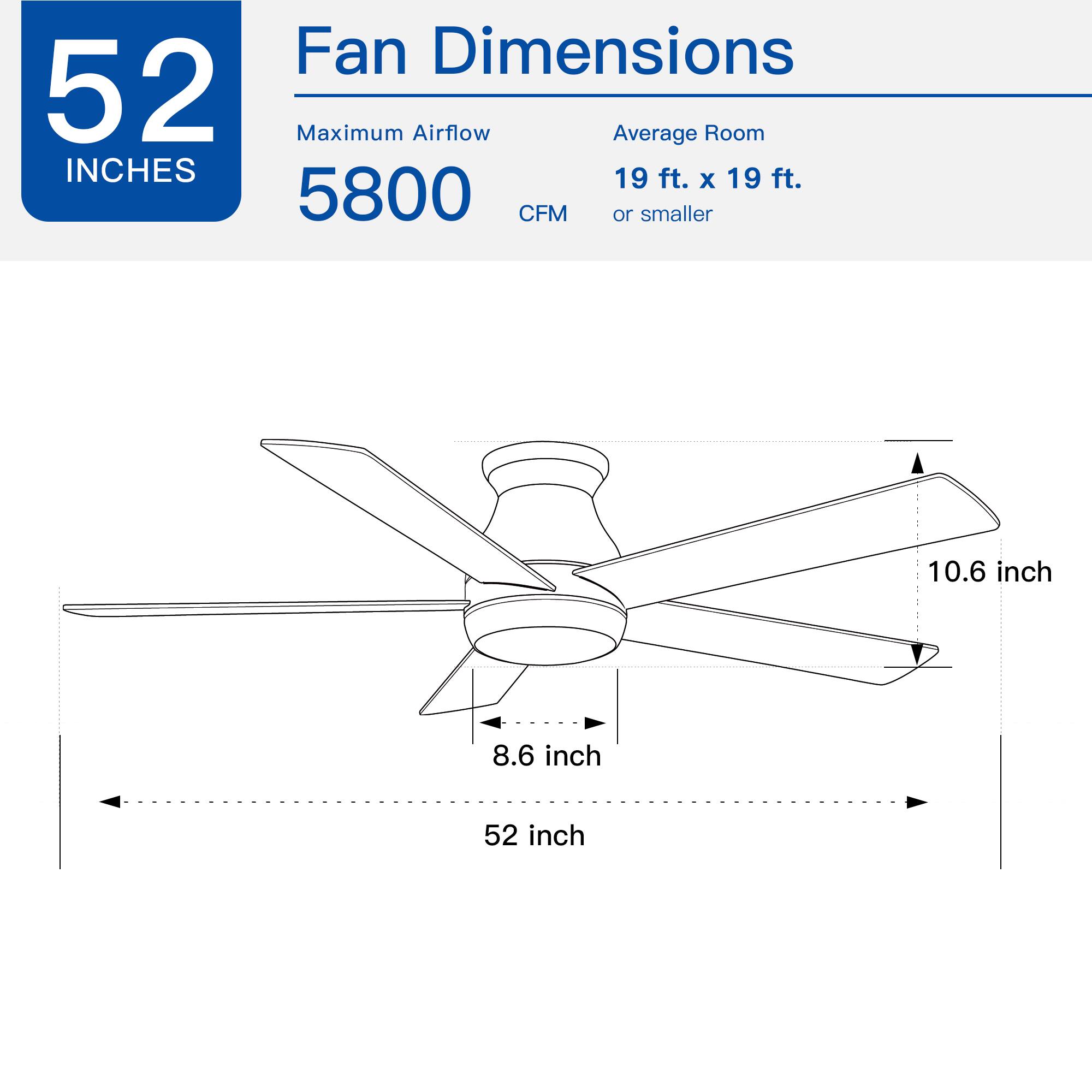 Fan Dimensions

52 INCHES

Maximum Airflow 5800 CFM

Average Room 19 ft. x 19 ft. or smaller

10.6 inch

8.6 inch

52 inch