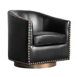 Emma + Oliver - Cole Upholstered Club Style Barrel Accent Chair with 360° Swivel Vinyl Wrapped Base and Decorative Nail Head Trim - Black
