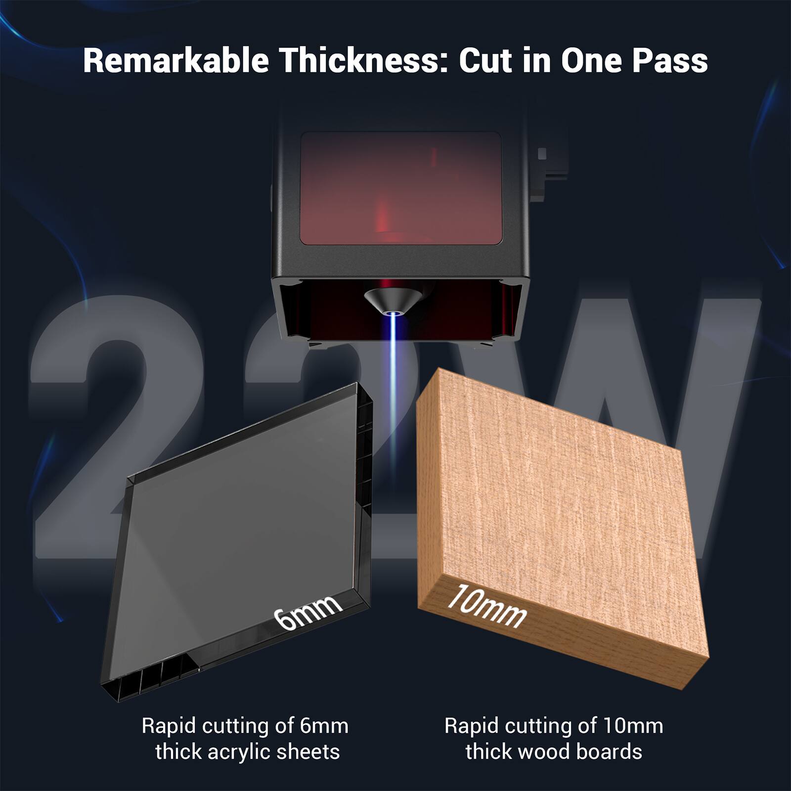 Remarkable Thickness: Cut in One Pass 21W 2 6mm 10mm Rapid cutting of 6mm thick acrylic sheets Rapid cutting of 10mm thick wood boards