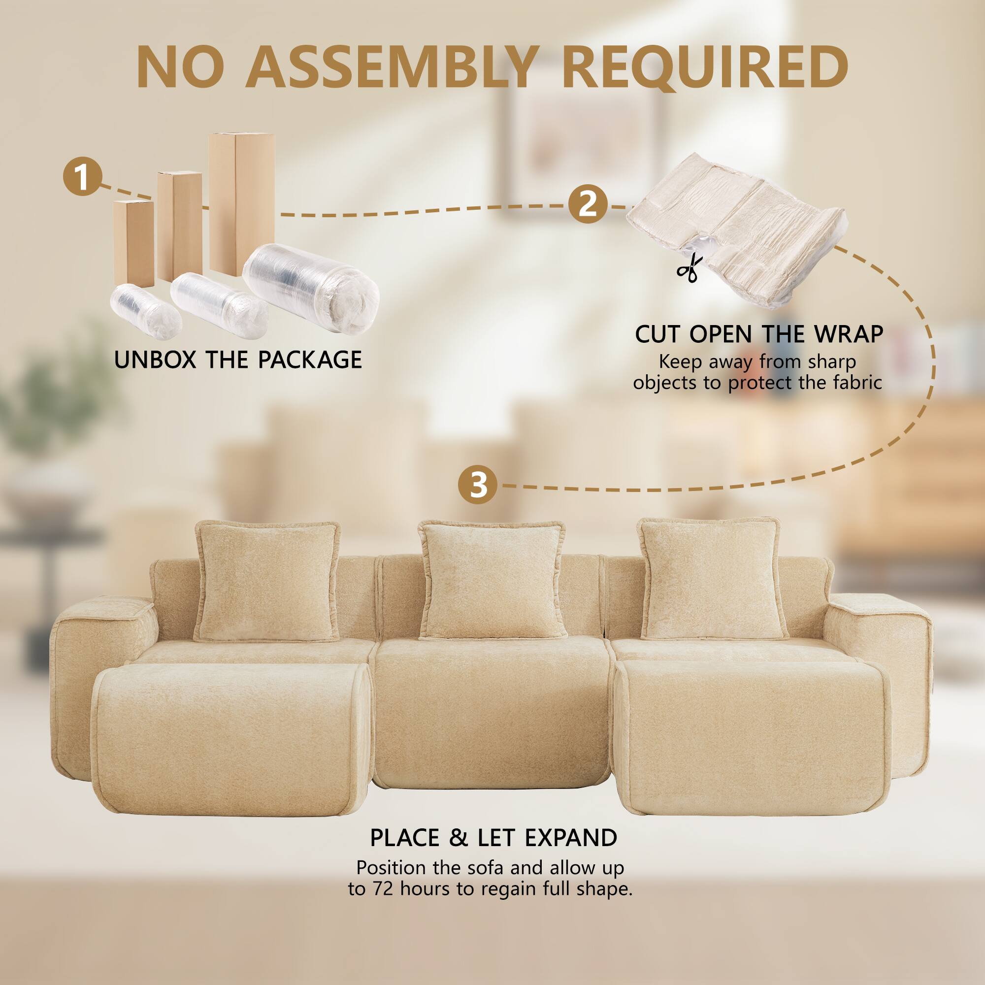 NO ASSEMBLY REQUIRED

1. UNBOX THE PACKAGE
2. CUT OPEN THE WRAP
   Keep away from sharp objects to protect the fabric
3. PLACE & LET EXPAND
   Position the sofa and allow up to 72 hours to regain full shape.