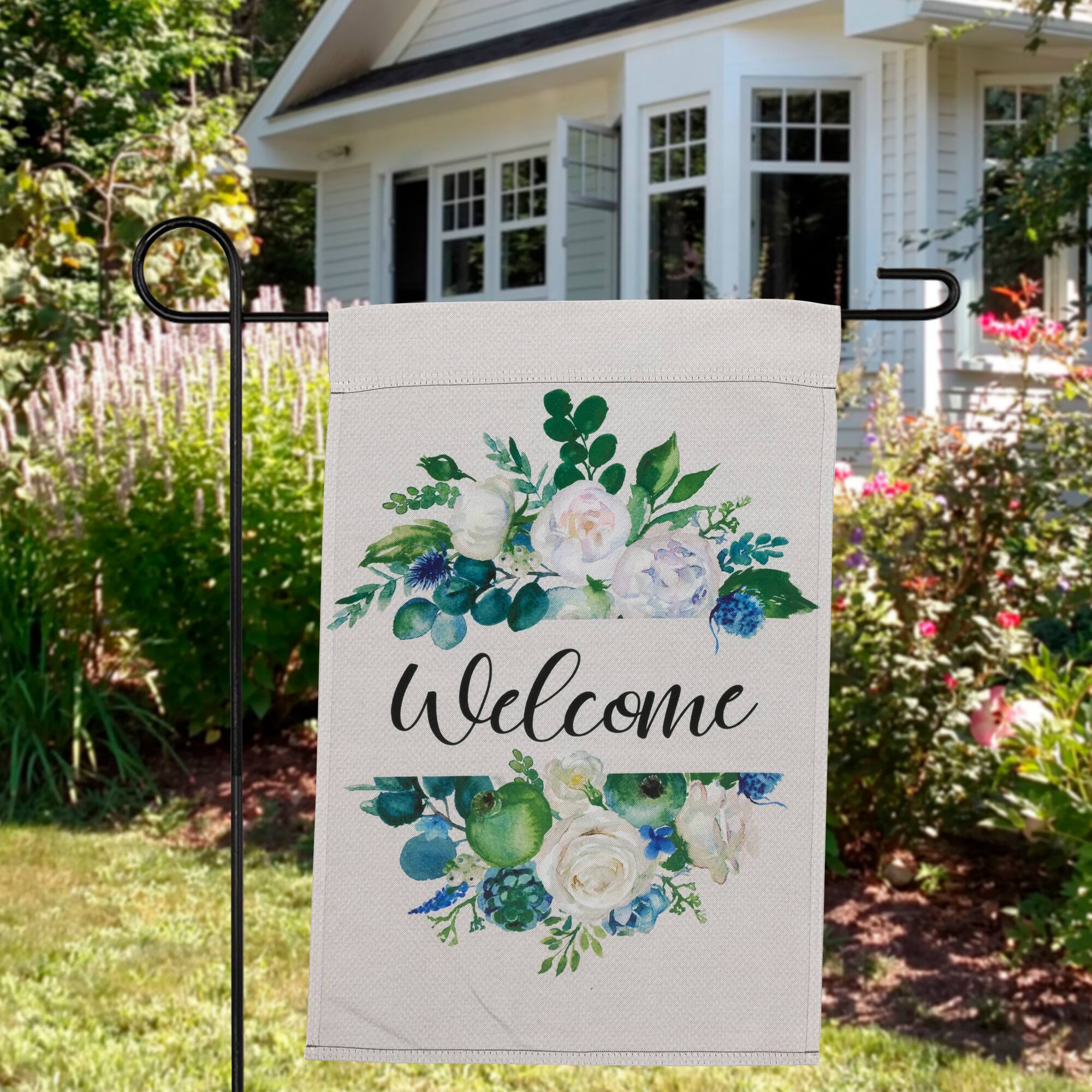 Alt View 2. Northlight - Mixed Florals "Welcome" Spring Outdoor Garden Flag 18" x 12.5" - Ivory.