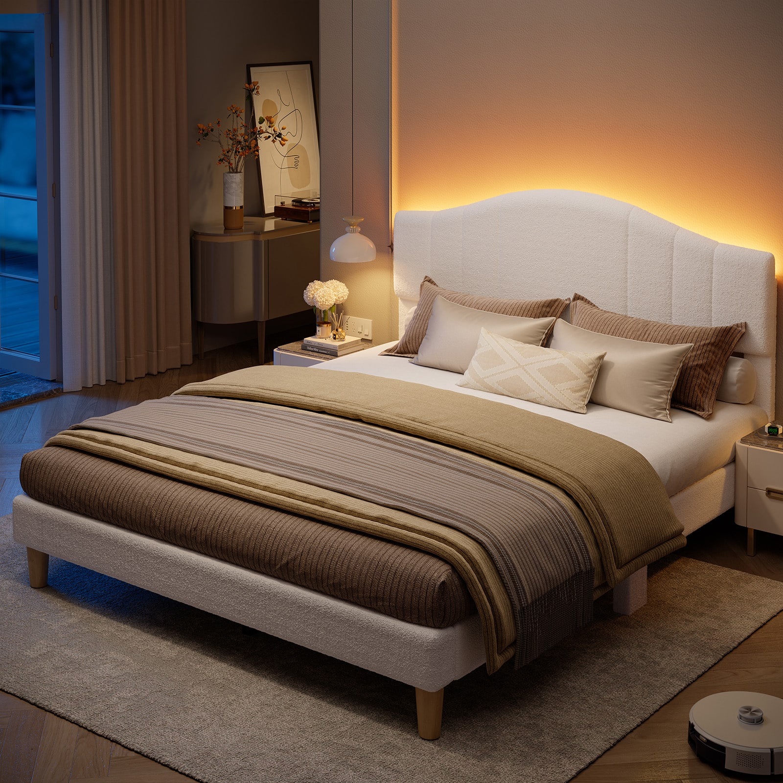 Angle. Pinmoco - Pinmoco - Upholstered Platform Bed Frame with Adjustable LED Arc Headboard - Fabric White.