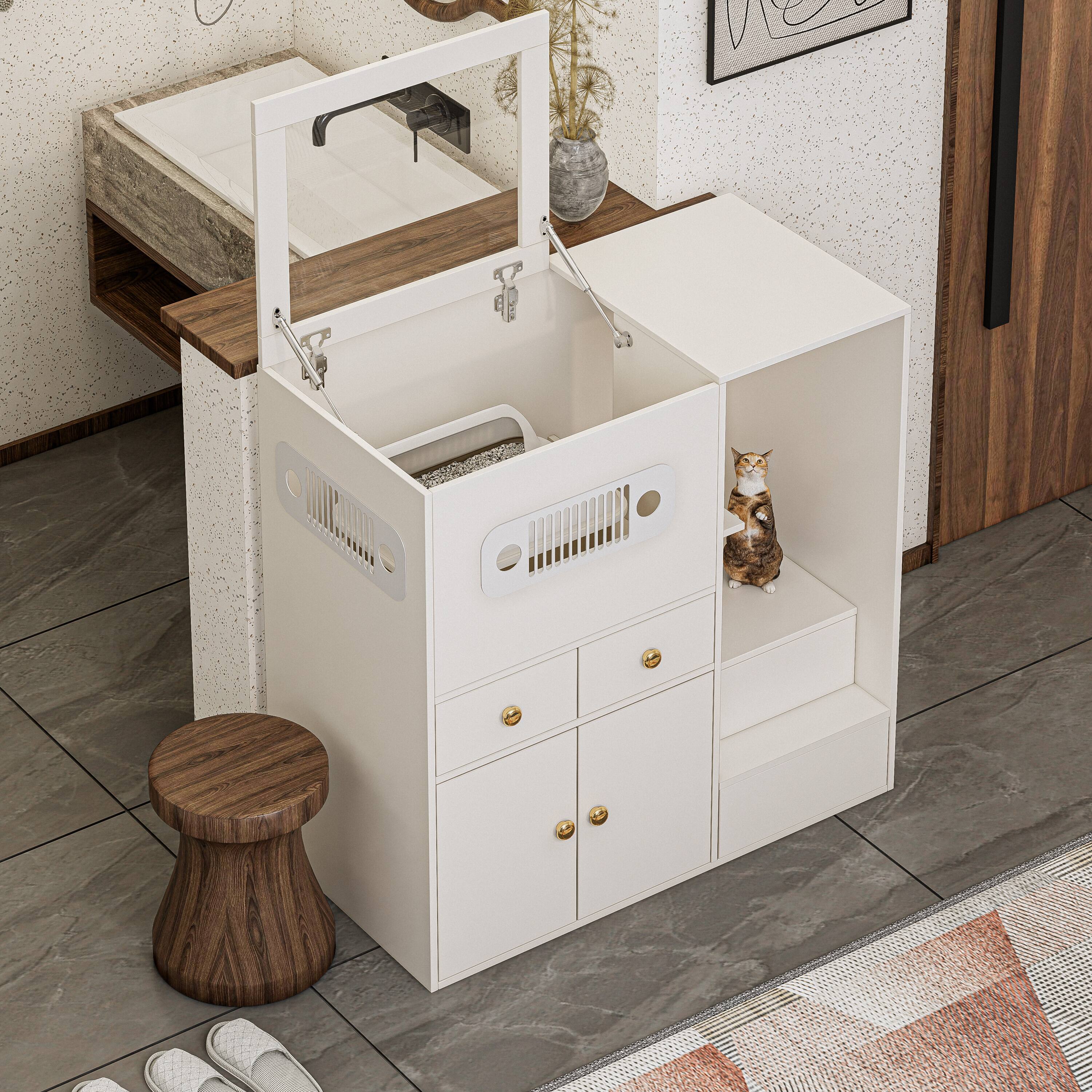 Alt View 2. MSOOB - Hidden Top Opening Cat Cabinet with Hydraulic Glass Door and Storage, Modern Cat Litter Box Furniture for Living Room - White.