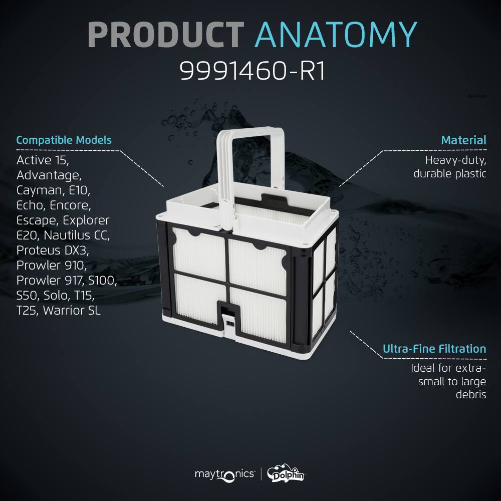 PRODUCT ANATOMY 9991460-R1 des4 Compatible Models Active 15, Advantage, Cayman, E10, Echo, Encore, Escape, Explorer E20, Nautilus CC, Proteus DX3, Prowler 910, Prowler 917, S100, S50, Solo, T15, T25, Warrior SL Material Heavy-duty, durable plastic Ultra-Fine Filtration Ideal for extra-small to large debris maytronics Dolphin