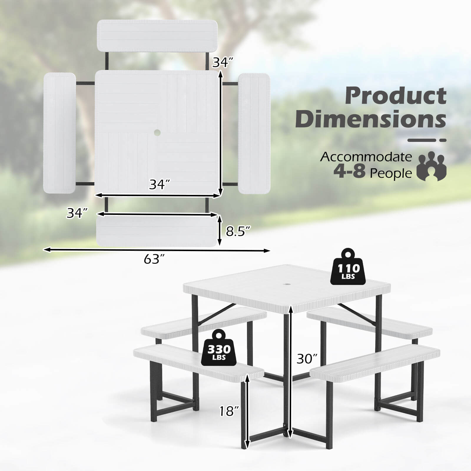 The text on the image reads: "34" Product Dimensions 34" Accommodate 4-8 People 34" 8.5" 63" 110 LBS 330 LBS 30" 18"".