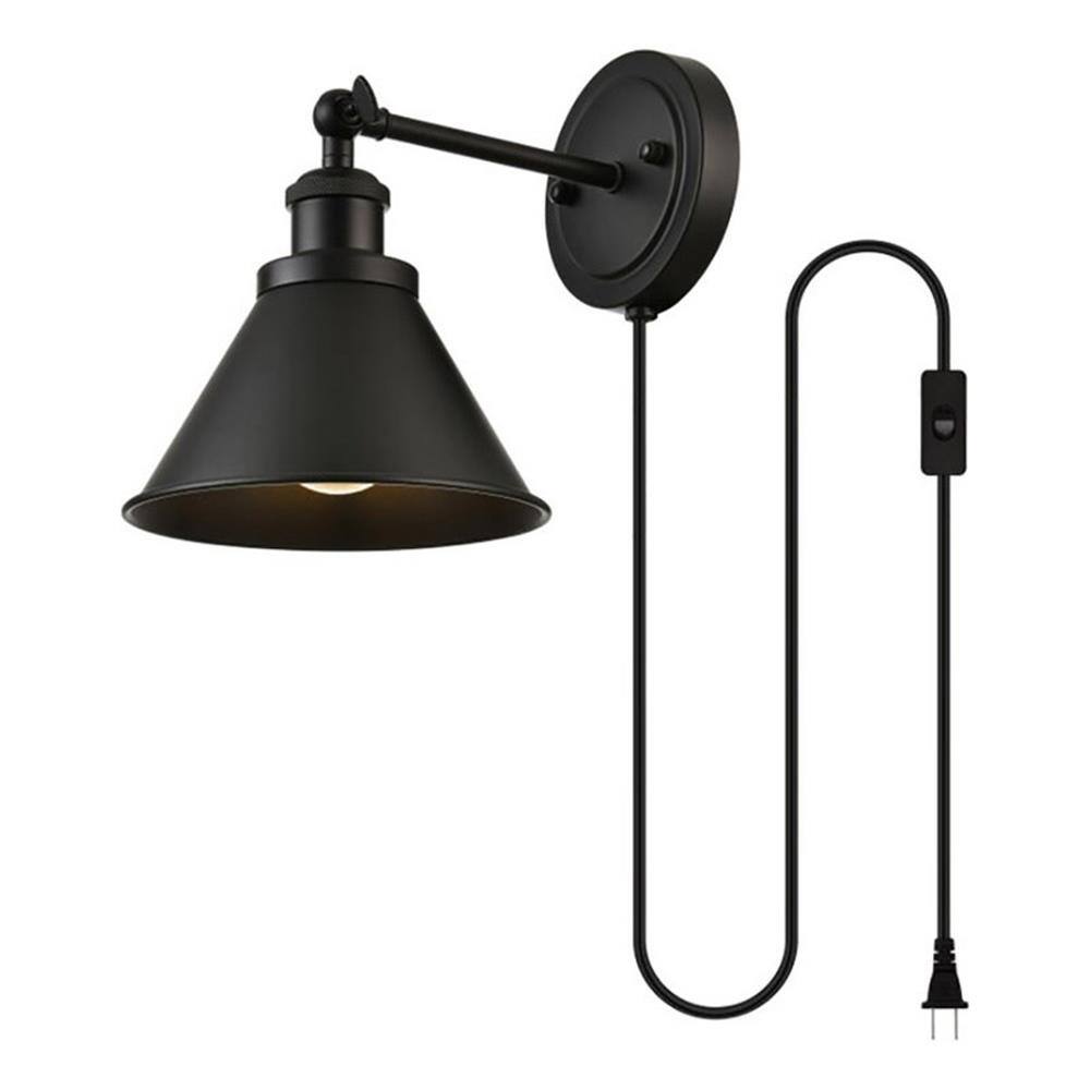 Front. Living District - Blaise 1-Light Metal Plug-in Wall Sconce - Plug-In, Adjustable Shade - Black.