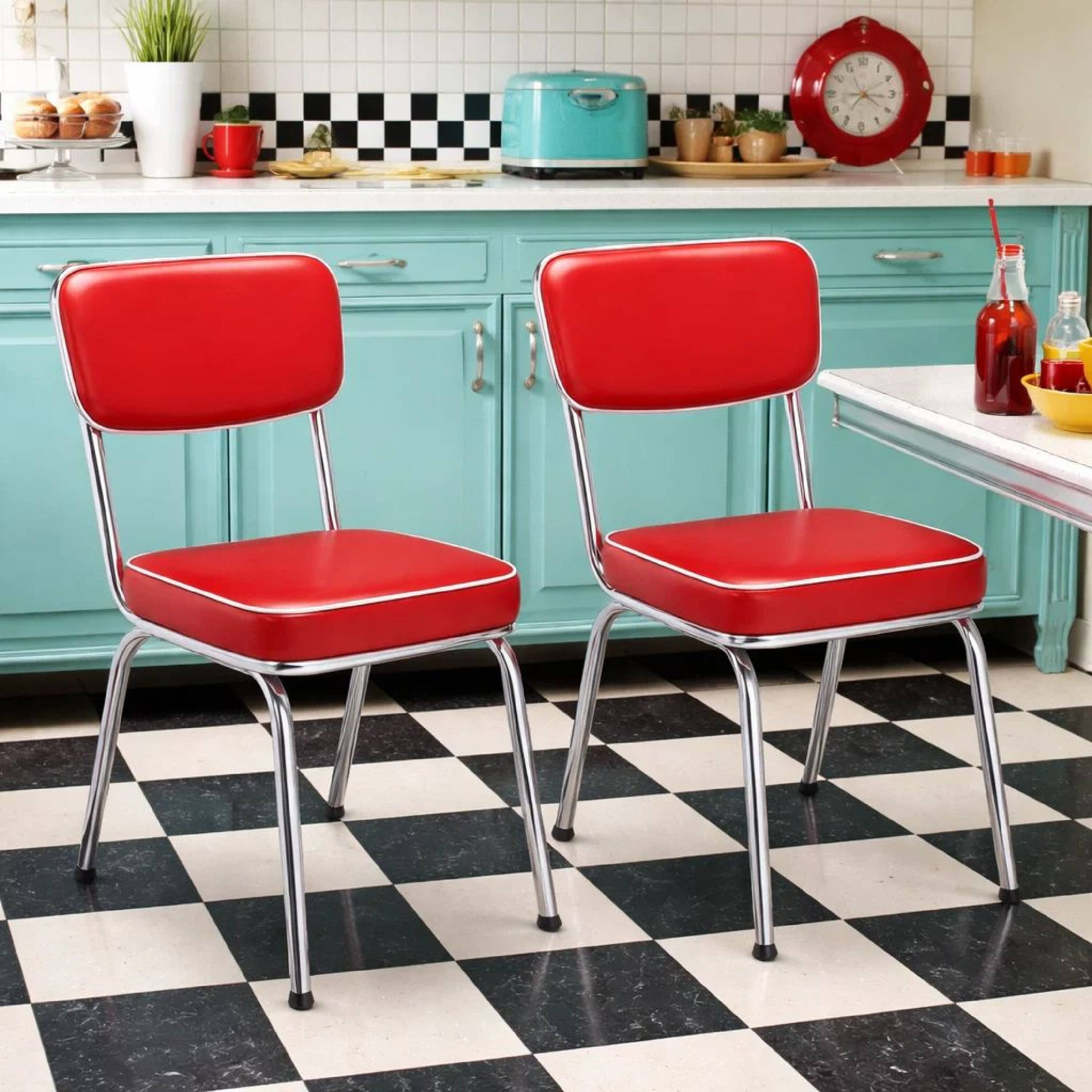 Alt View 7. Manhattan Lane - Dining Side Chair Set of 2, Retro Red Faux Leather, Chrome Metal Legs - Red, Chrome, White.