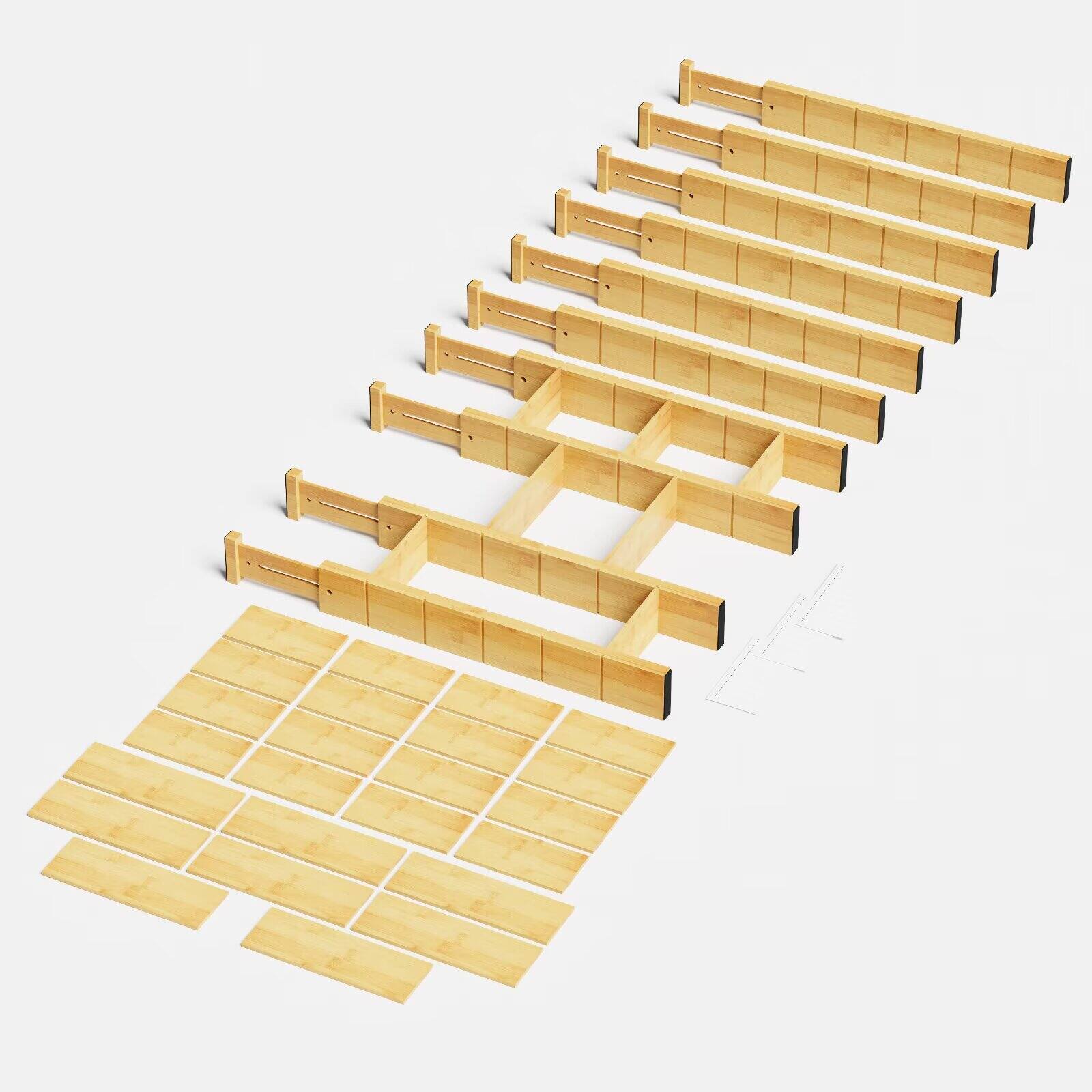 Front. Tooloton - Adjustable Bamboo Drawer Organizer Set, Expandable Divider, 10 Dividers & 24 Inserts, Natural 17-22 Inch - Natural.