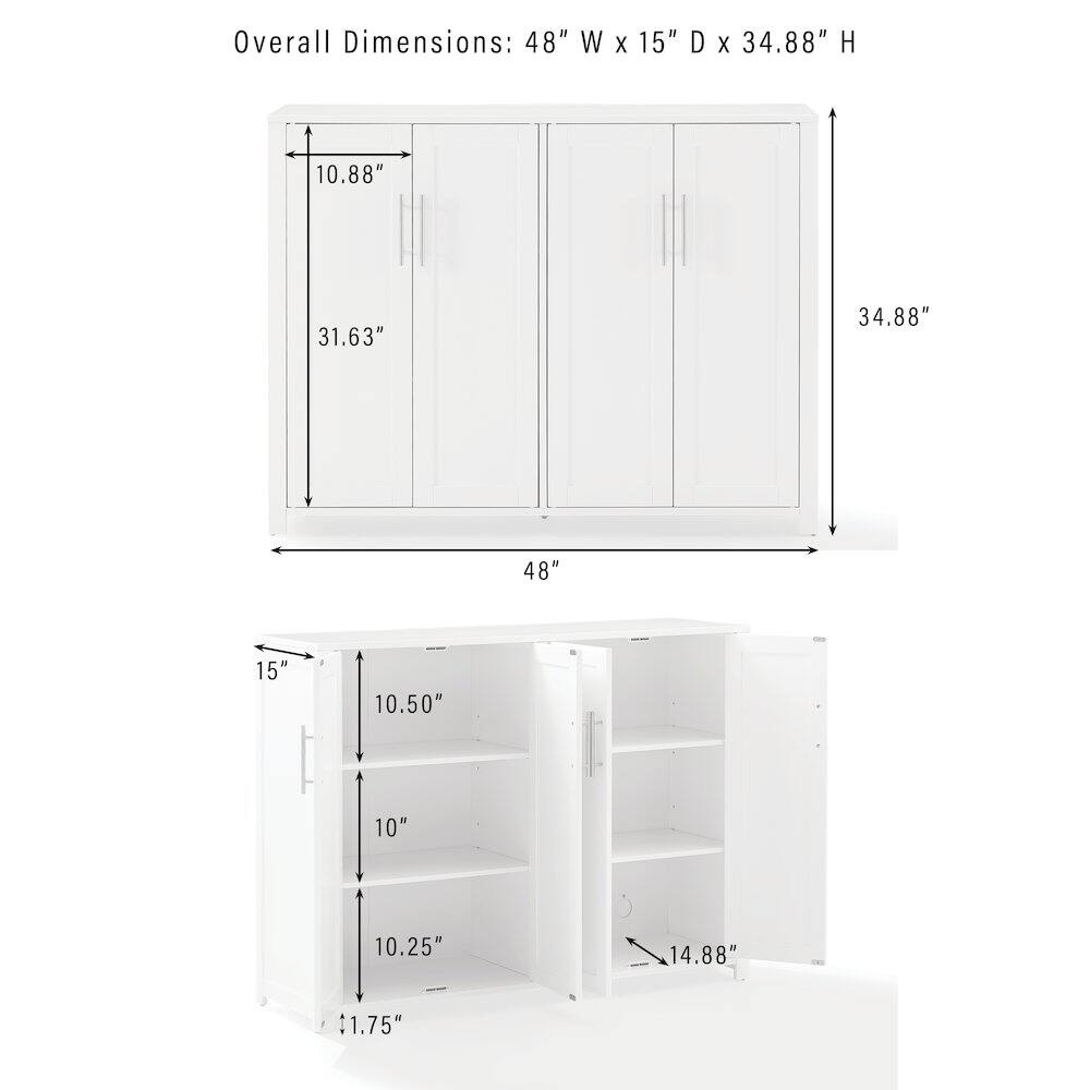 Overall Dimensions: 48" W x 15" D x 34.88" H

- 10.88"
- 31.63"
- 34.88"
- 48"
- 15"
- 10.50"
- 10"
- 10.25"
- 14.88"
- 1.75"