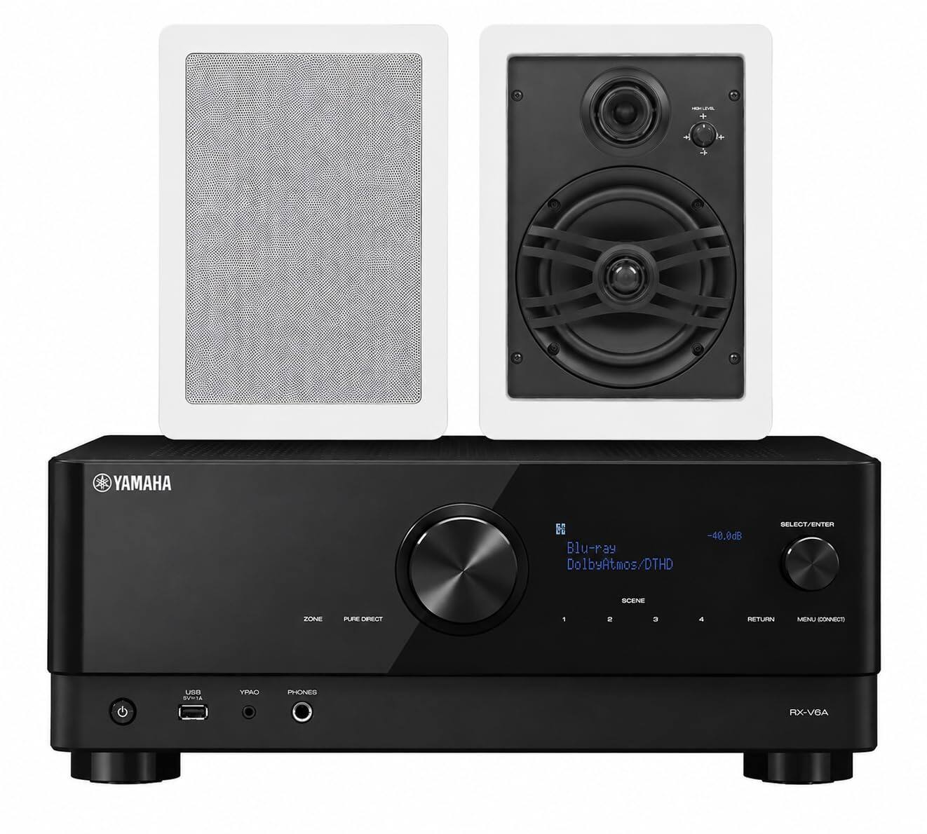 +  + YAMAHA  
-40.0dB  
Blu-ray DolbyAtmos/DTHD  
SELECT/ENTER  
SCENE  
ZONE  
PURE DIRECT  
1 2 3 4  
RETURN  
MENU (CONNECT)  
RX-VGA  
USB  
YPAO  
PHONES
