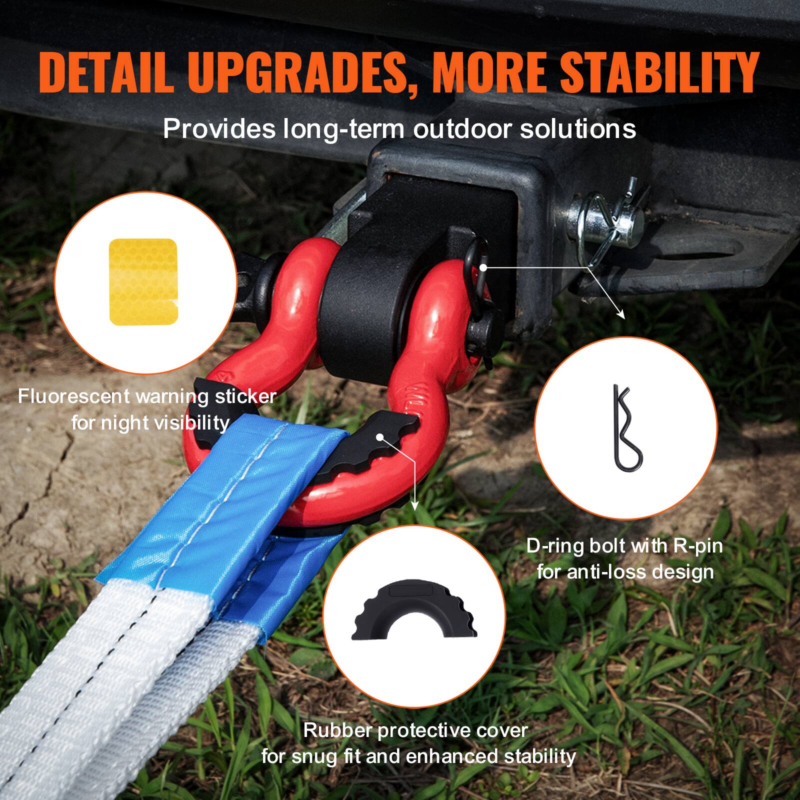 DETAIL UPGRADES, MORE STABILITY  
Provides long-term outdoor solutions  

- Fluorescent warning sticker for night visibility  
- D-ring bolt with R-pin for anti-loss design  
- Rubber protective cover for snug fit and enhanced stability