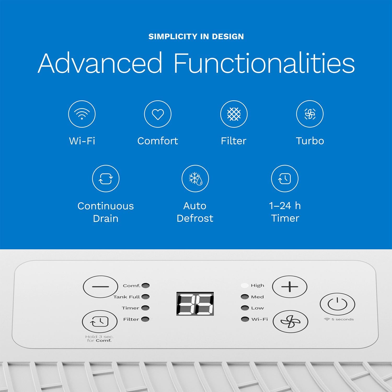 SIMPLICITY IN DESIGN
Advanced Functionalities
Wi-Fi
Comfort
Filter
Turbo
Continuous Drain
Auto Defrost
1-24 h Timer
Comf.
Tank Full
High
Med
Low
Wi-Fi
Timer
3 secands
Hold a TIC for Comf.