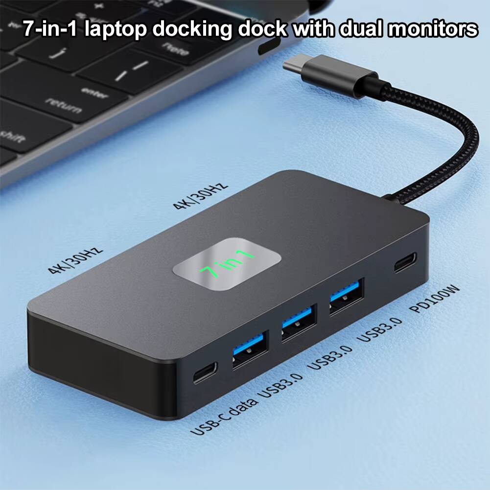 7-in-1 laptop docking dock with dual monitors

4K/30Hz 4K/30Hz

USB3.0 USB3.0 USB3.0 USB-C data

PD100W