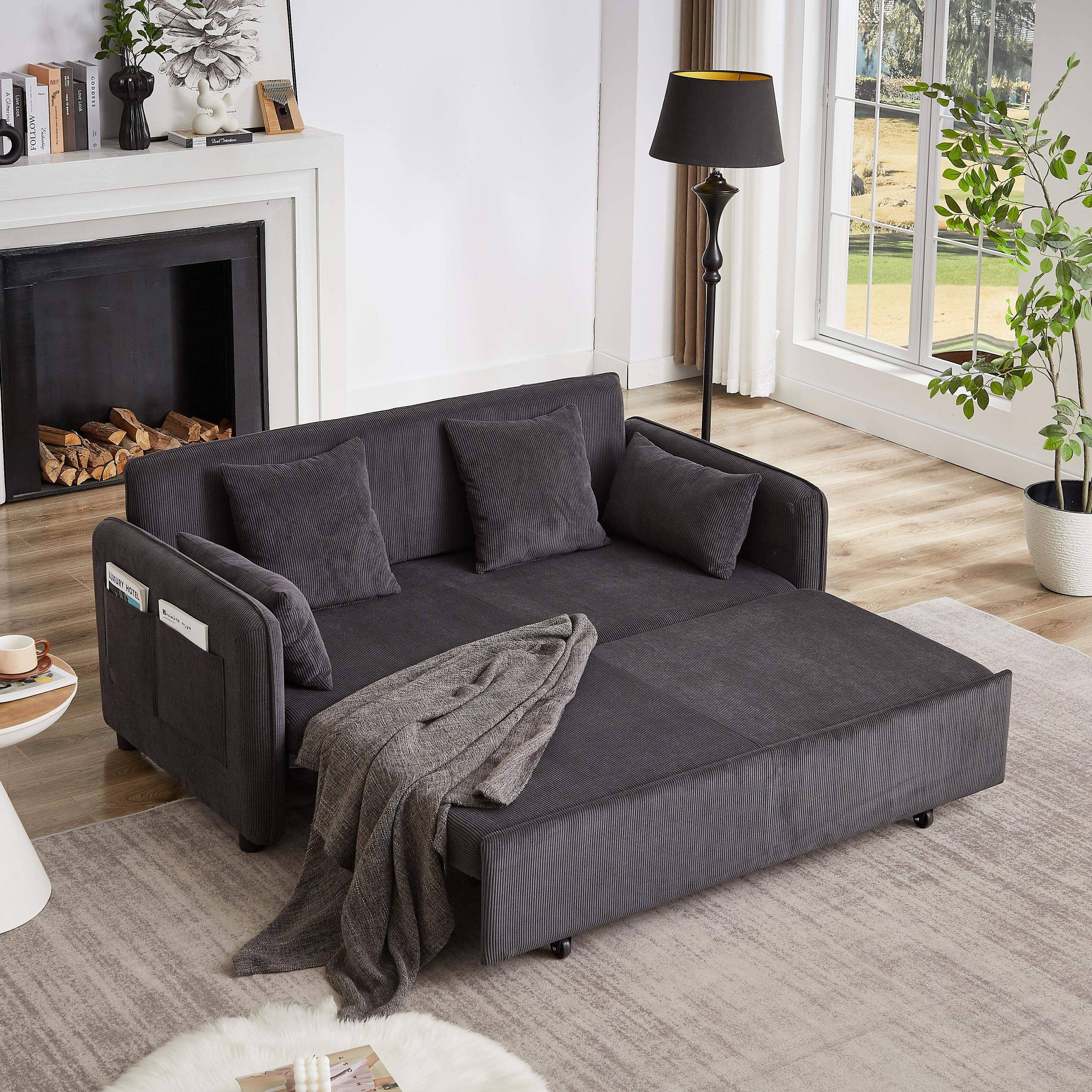 Back. Roomtec - FX 66 Inch Sleeper Sofa Bed 3in1 Adjustable Sleeper with Pullout Bed 4 Pillows and Side Pockets Soft Corduroy - Dark Gray.