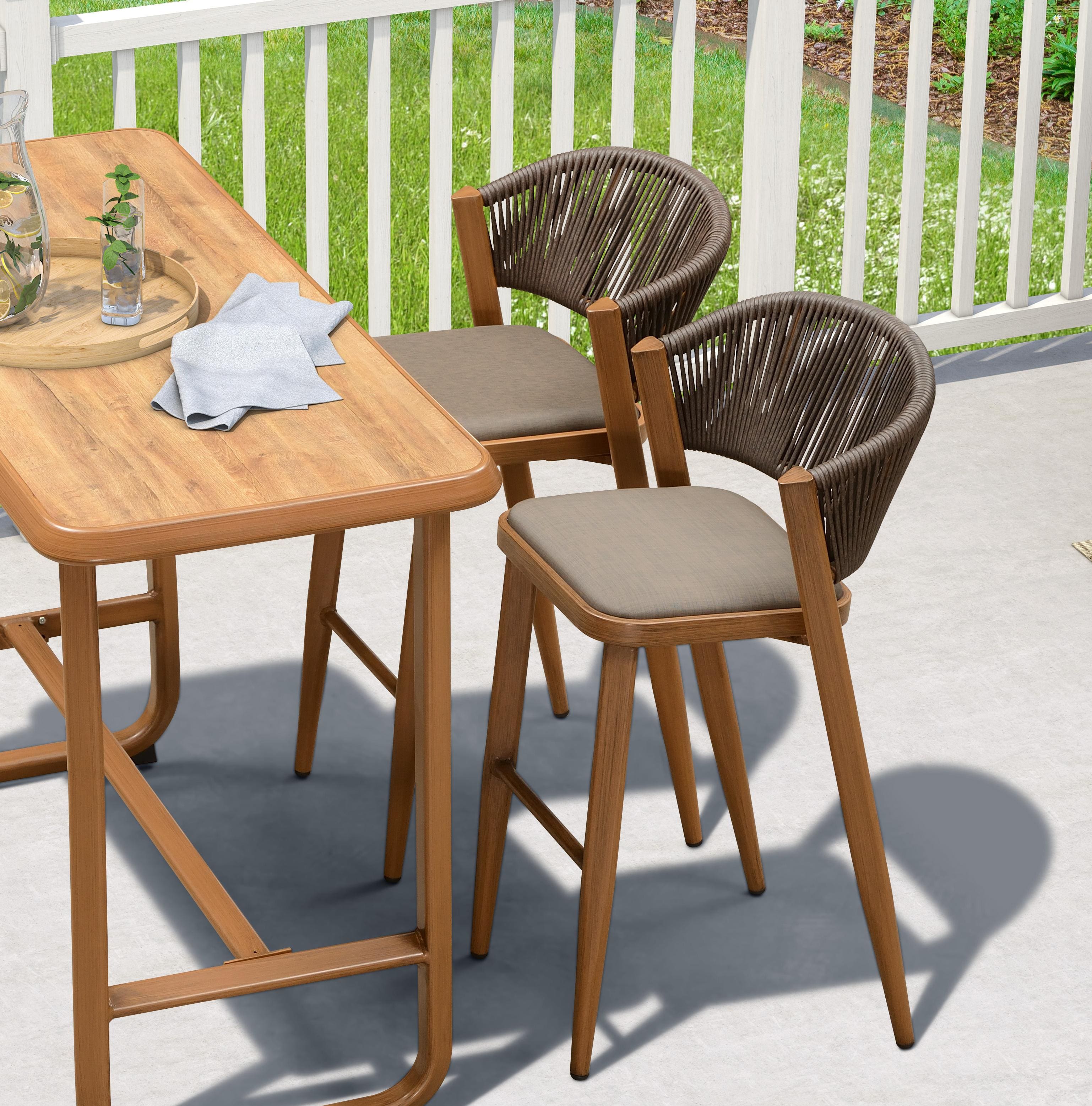 PURPLE LEAF - Outdoor Bar Stool Set of 2 Rattan Bar Stools with Back Metal Bar Height Stool Outdoor Bar Chair for Garden Kitchen - Brown-Bar Height