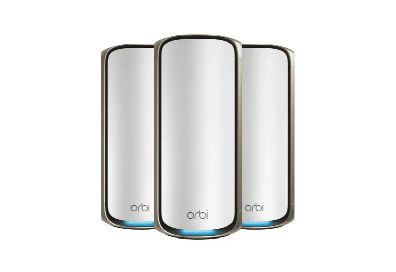 NETGEAR - Refurbished Excellent - RBE973-100NAR Orbi 970 Quad-Band WiFi 7 Mesh System, 10000 sqft. Coverage, Router + 2 Satellites - White