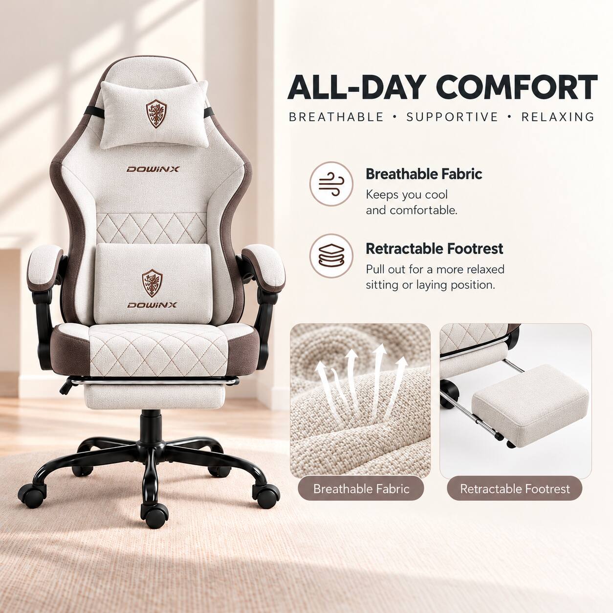 ALL-DAY COMFORT  
BREATHABLE • SUPPORTIVE • RELAXING

Breathable Fabric  
Keeps you cool and comfortable.

Retractable Footrest  
Pull out for a more relaxed sitting or laying position.