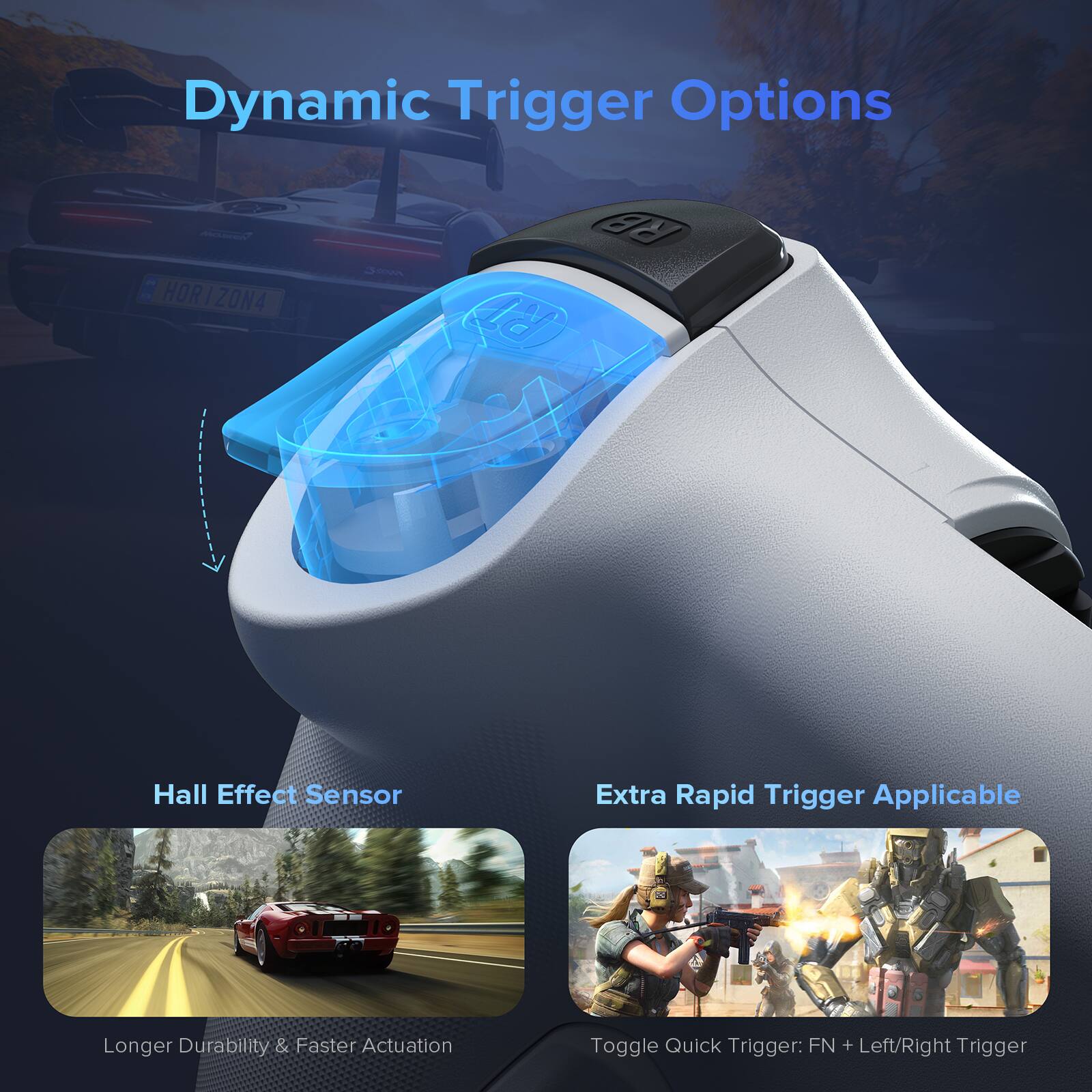 Dynamic Trigger Options

Hall Effect Sensor
Extra Rapid Trigger Applicable

Longer Durability & Faster Actuation
Toggle Quick Trigger: FN + Left/Right Trigger
