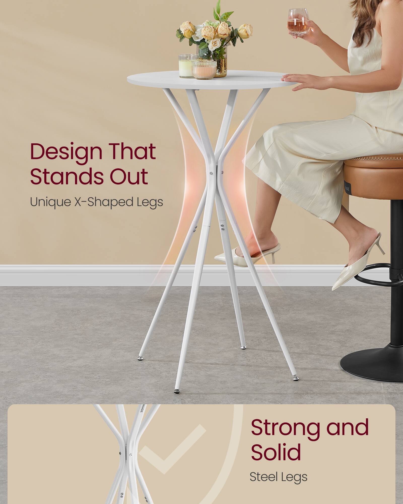 Design That Stands Out  
Unique X-Shaped Legs  

Strong and Solid  
Steel Legs