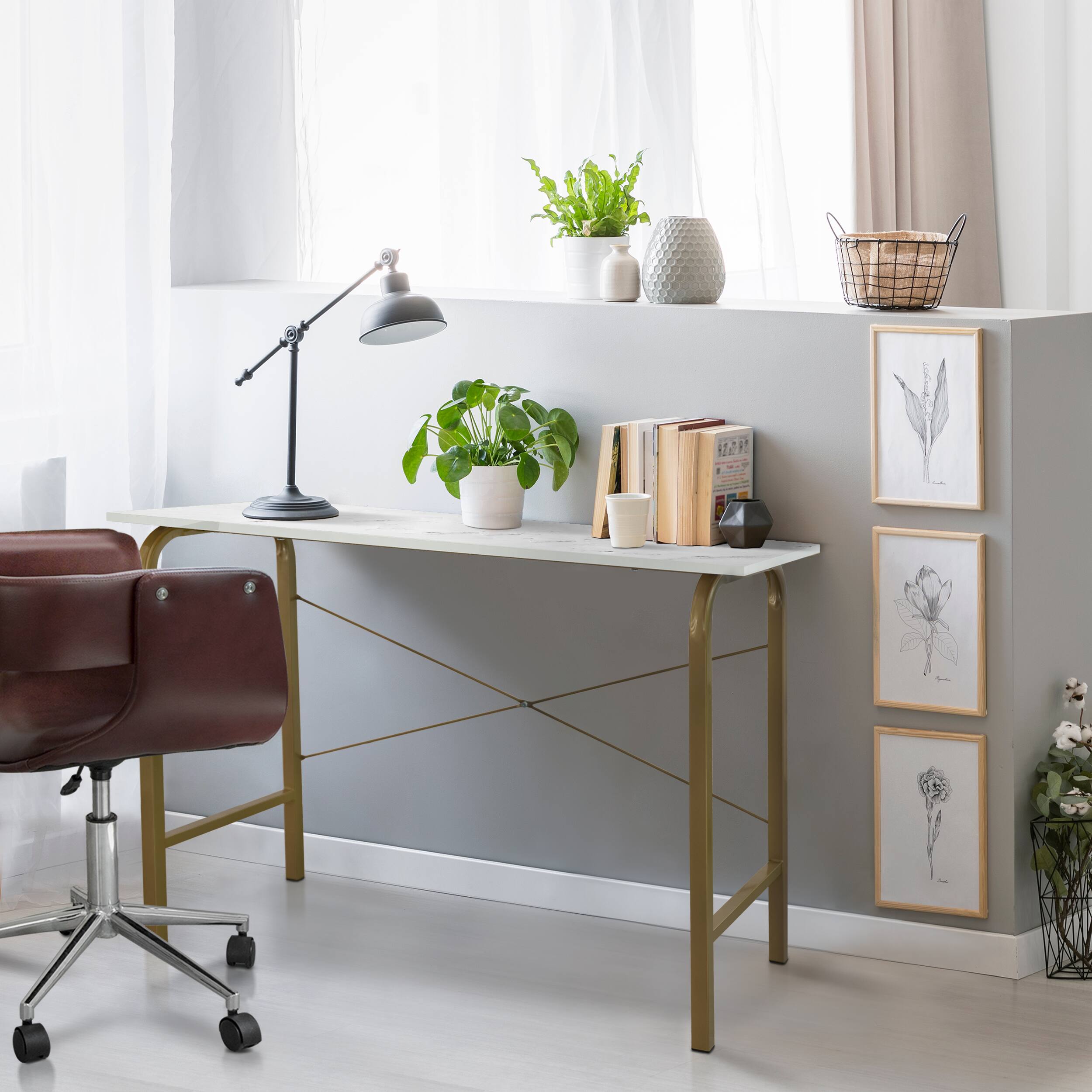 Angle. Teamson Home - 40" Home Office Computer Desk with Metal Base - Brass.