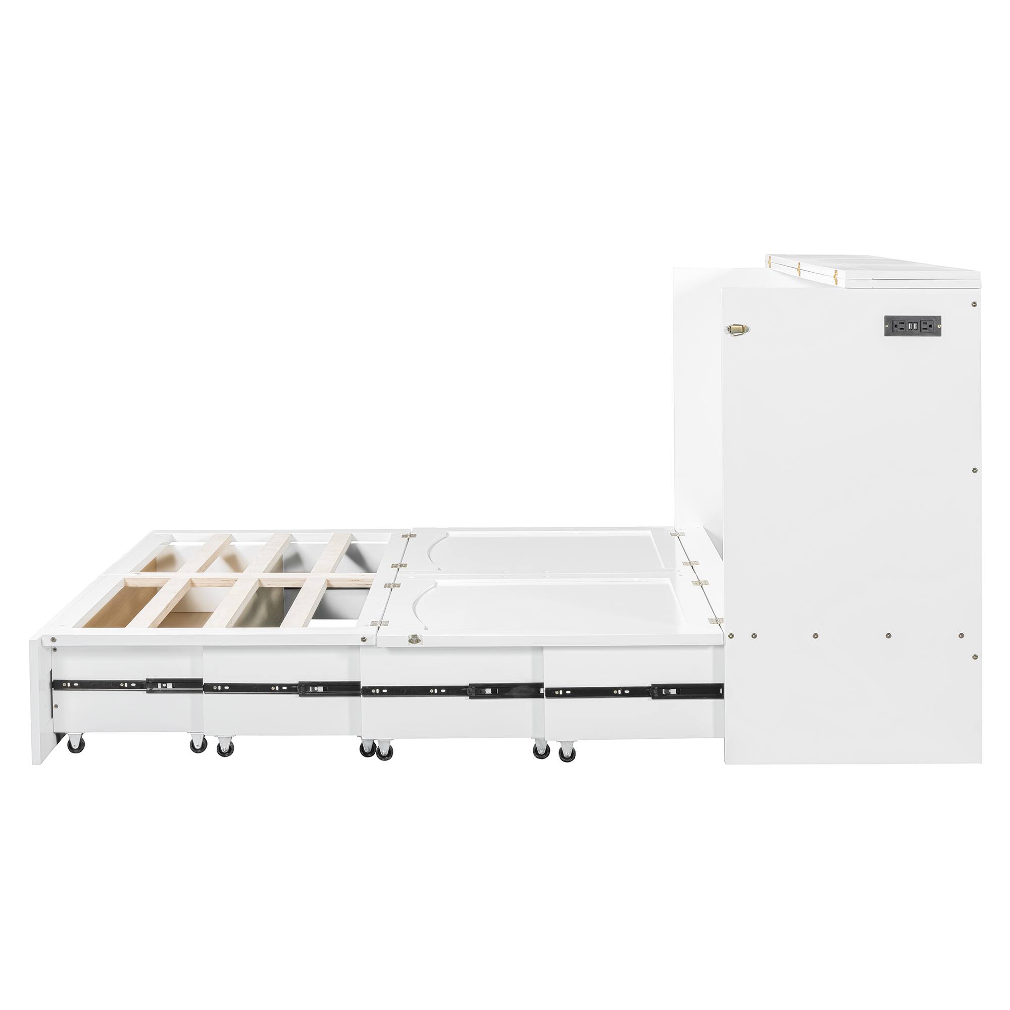 Alt View 5. Tiramisubest - Queen Size White Murphy Wall Bed, Solid Wood+MDF, Pulley, Drawer & Sockets/USB, Space-Saving - White.