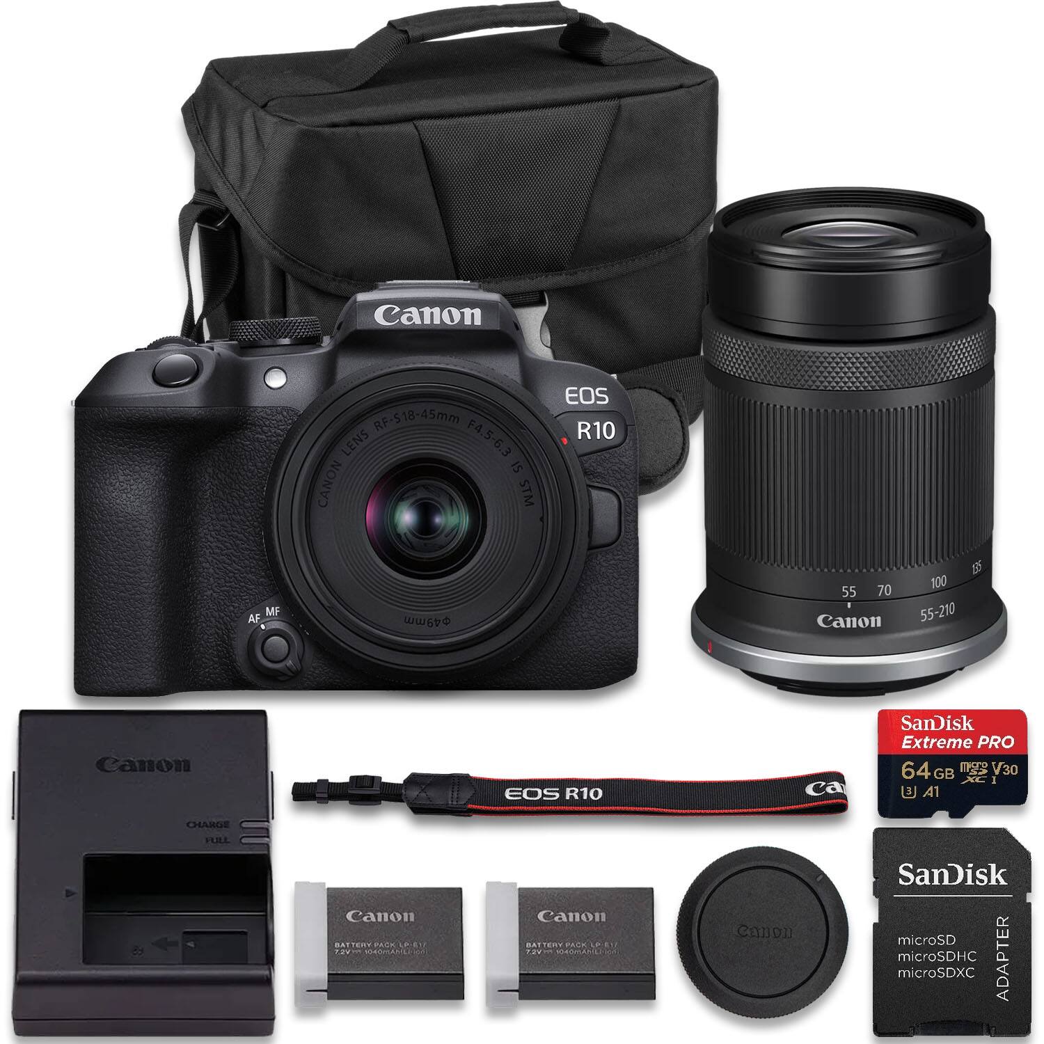 Bundle - Canon - EOS R10 Mirrorless Camera With RF-S 18-45mm f/4.5-6.3 IS STM + RF-S 55-210mm f/5-7.1 IS STM Lens + Extra LP-E17