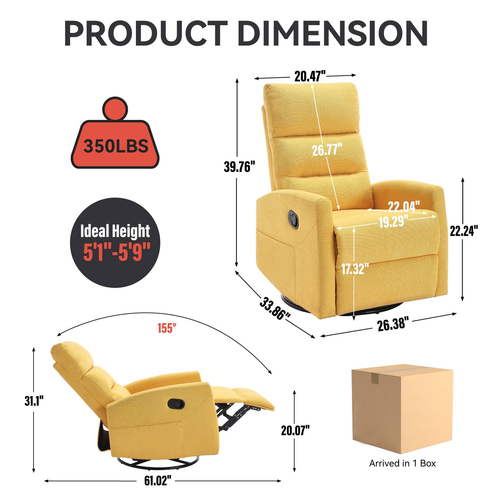 PRODUCT DIMENSION

- 350LBS
- Ideal Height 5'1"-5'9"
- 20.47"
- 39.76"
- 26.77"
- 22.04"
- 19.29"
- 22.24"
- 17.32"
- 33.86"
- 26.38"
- 31.1"
- 20.07"
- 61.02"
- Arrived in 1 Box