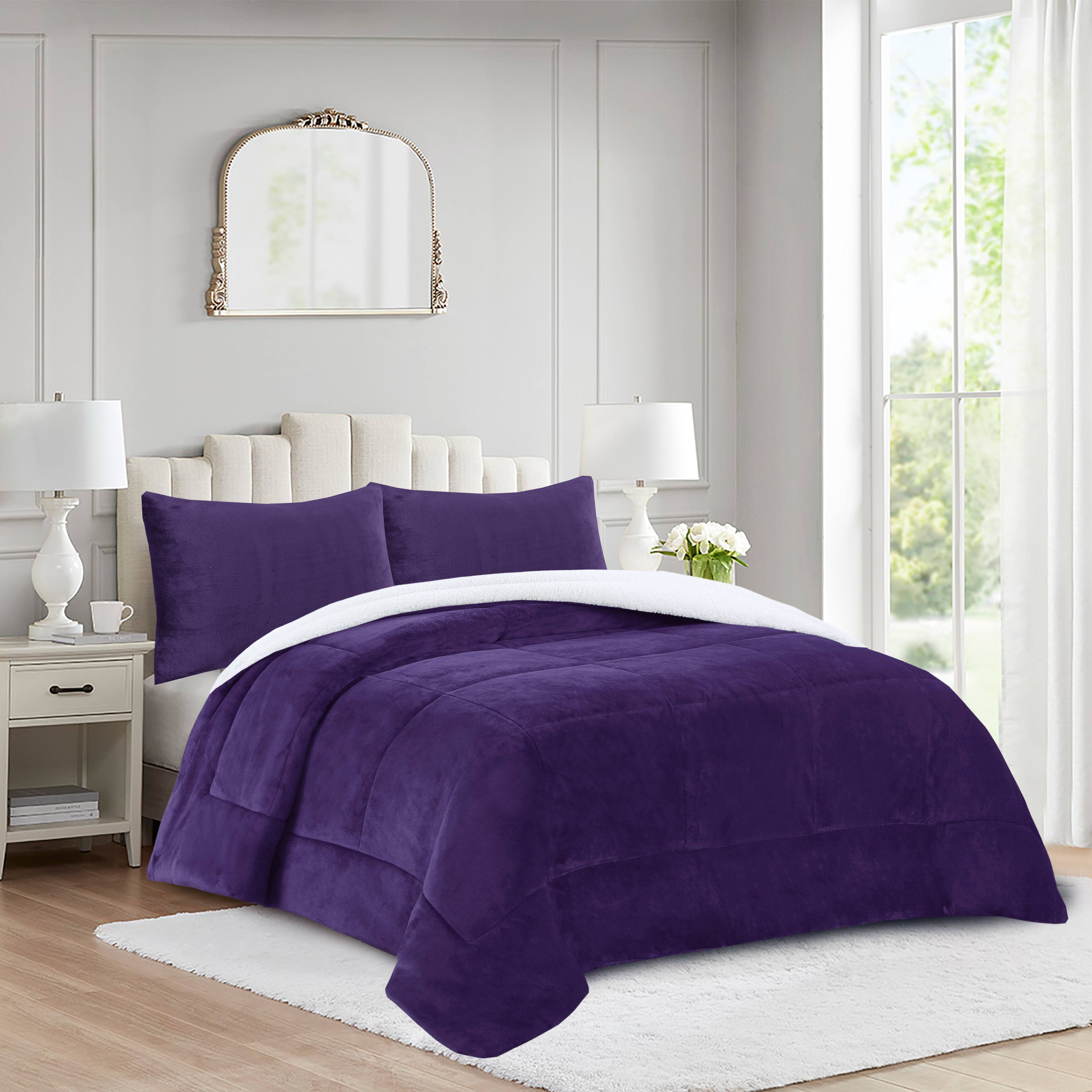 Angle. MarCielo - MarCielo 3 Piece Soft Micromink Fluffy Ultra Cozy Sherpa Comforter Set - Purple.