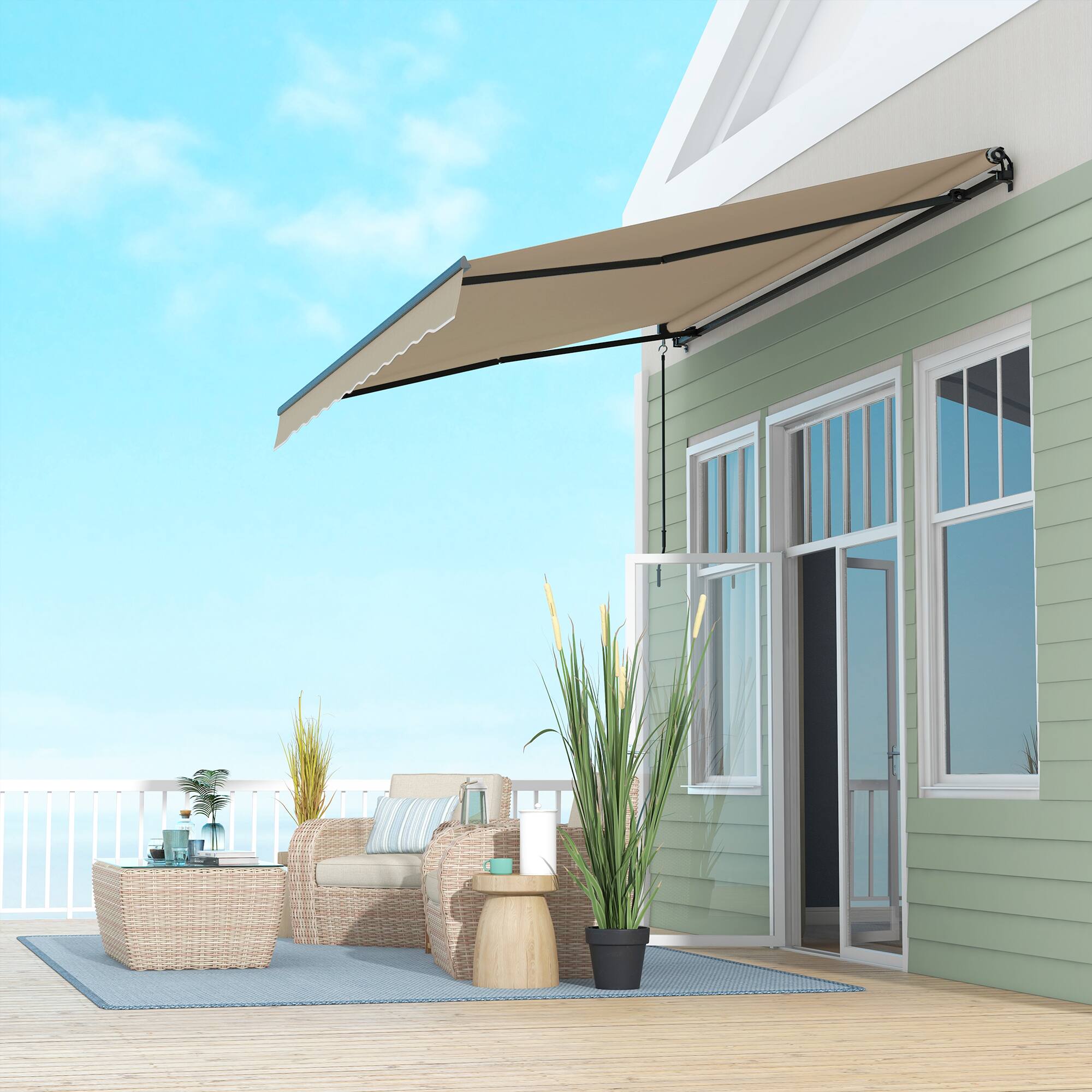Alt View 8. Outsunny - 12' x 10' Retractable Awning, Patio Awning Sunshade Shelter with Manual Crank Handle, 280gsm UV Resistant Fabric - Beige.
