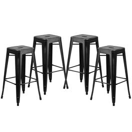 Emma + Oliver - Commercial Grade 4 Pack 30" High Backless Distressed Metal Indoor-Outdoor Barstool - Black