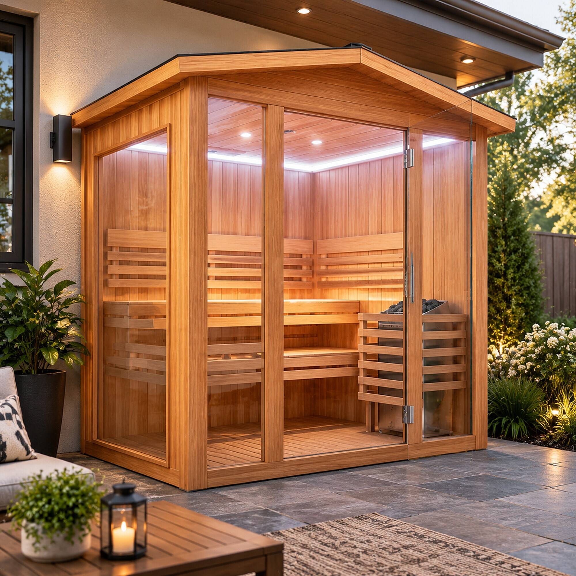 Angle. RYHNUYNE - 6000W Outdoor Traditional Steam Sauna, Cedar Wood, 4 Person, 240V, 150 x 140 x 208 cm - Ameican White Oak.