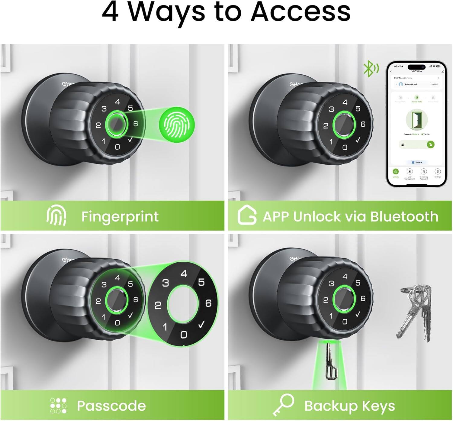 4 Ways to Access

- Fingerprint
- APP Unlock via Bluetooth
- Passcode
- Backup Keys