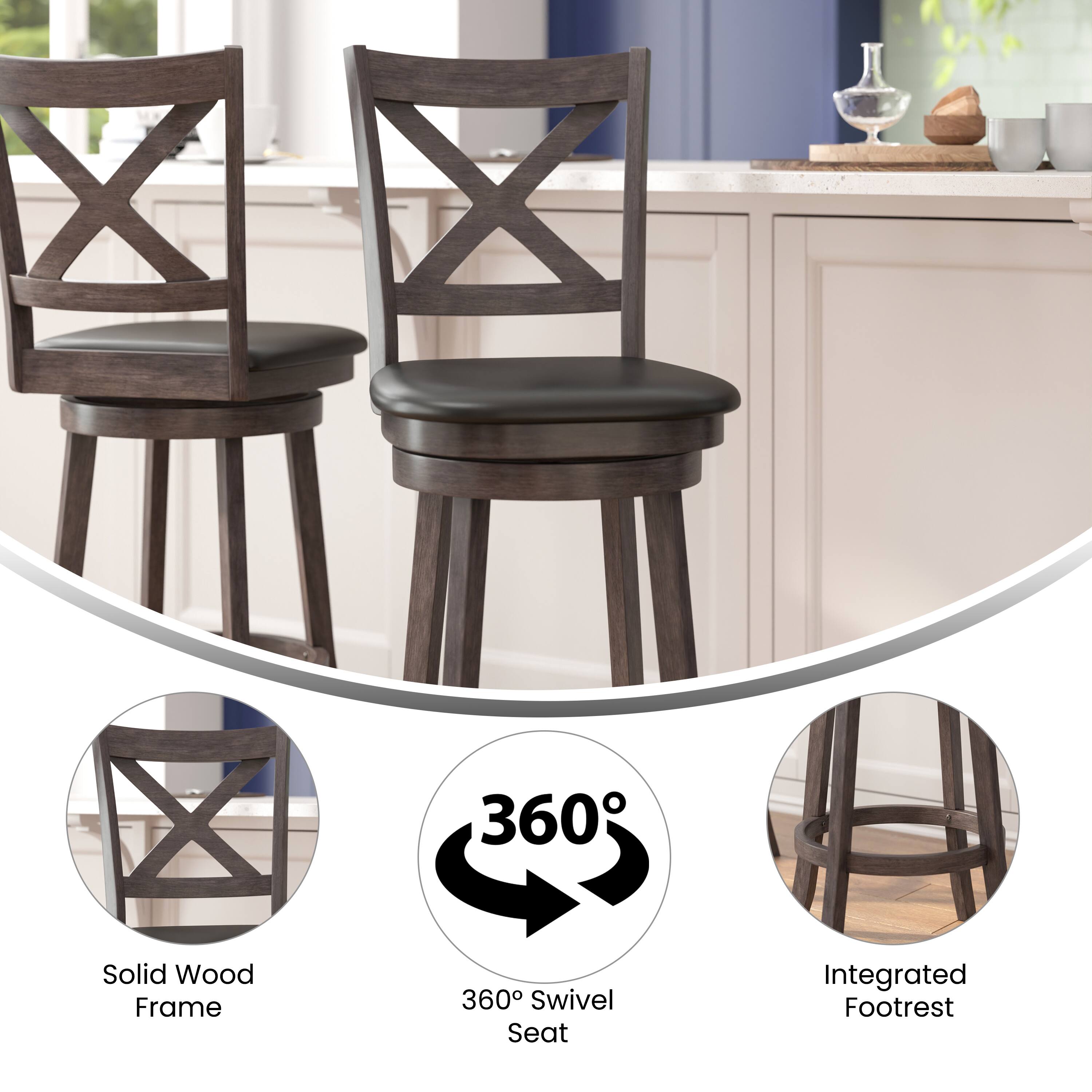 - Solid Wood Frame
- 360° Swivel Seat
- Integrated Footrest