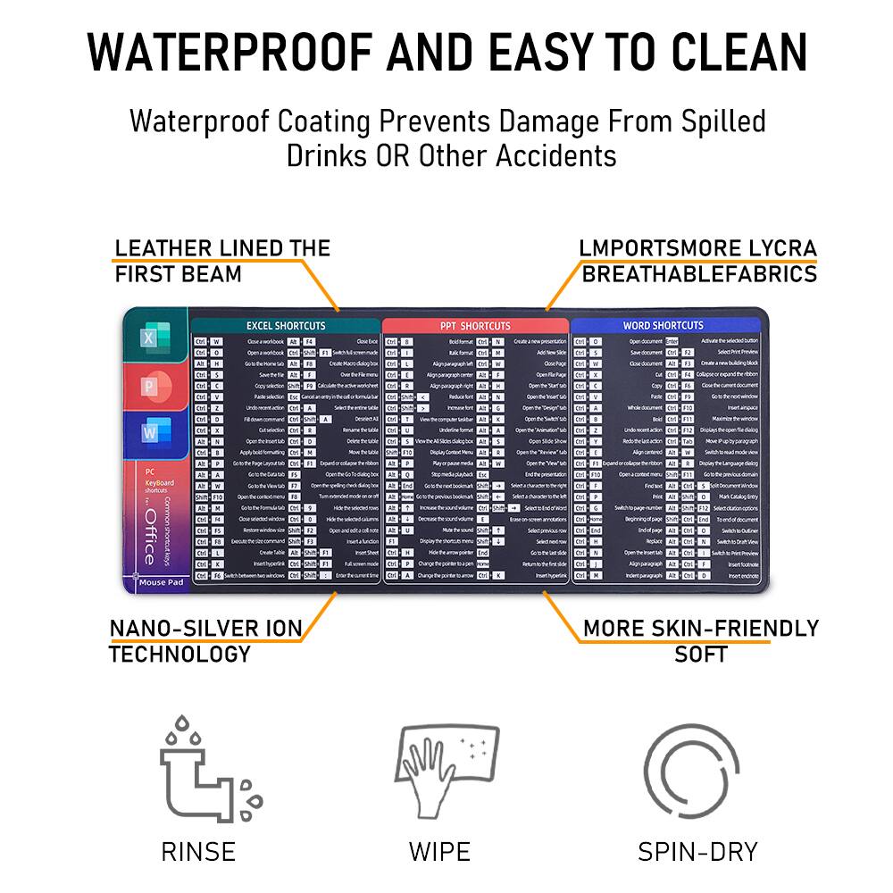 WATERPROOF AND EASY TO CLEAN  
Waterproof Coating Prevents Damage From Spilled Drinks OR Other Accidents  

LEATHER LINED THE FIRST BEAM  

IMPORTSMORE LYCRA BREATHABLE FABRICS  

NANO-SILVER ION TECHNOLOGY  

MORE SKIN-FRIENDLY SOFT  

RINSE  
WIPE  
SPIN-DRY  

EXCEL SHORTCUTS  
PPT SHORTCUTS  
WORD SHORTCUTS