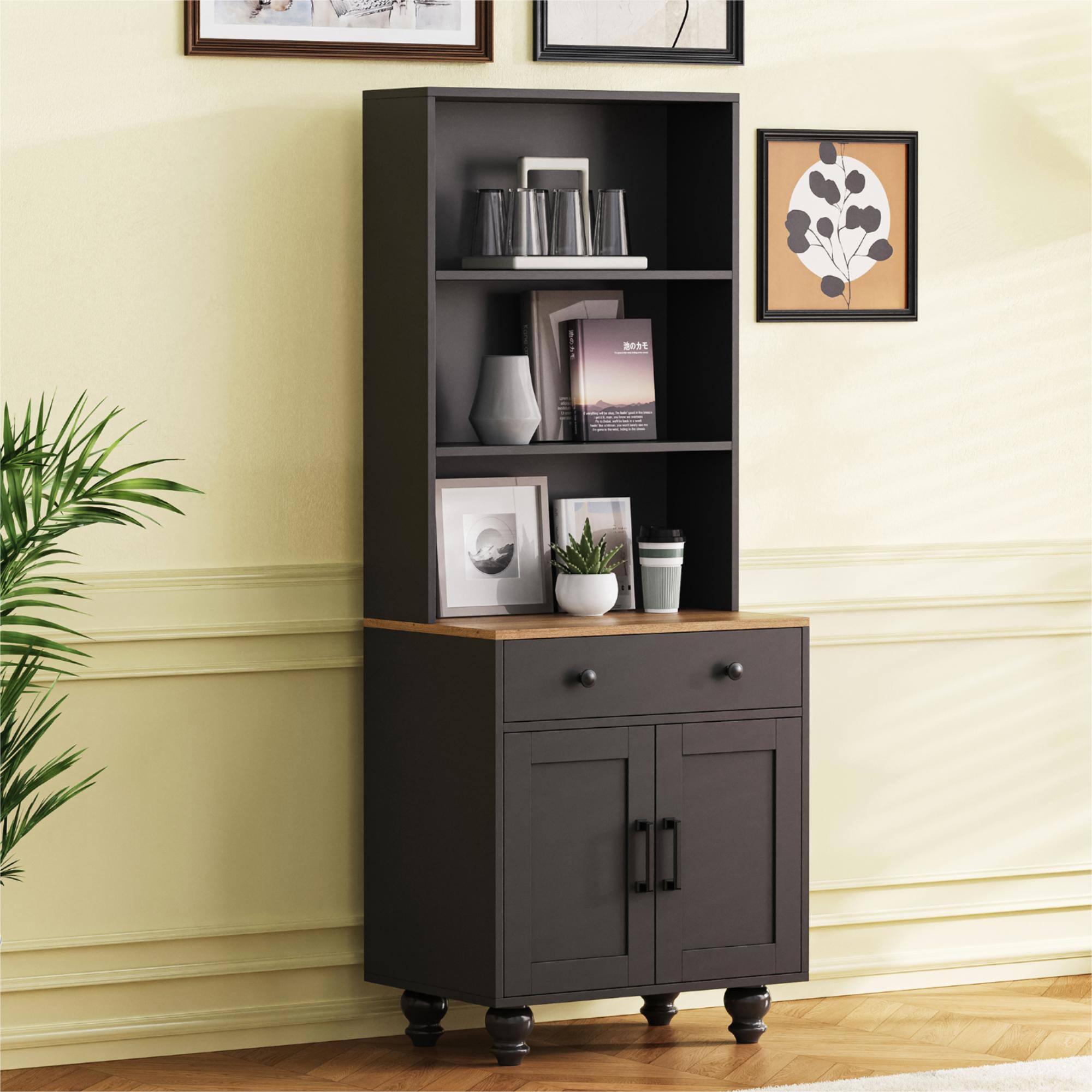 Front. Spaco - Spaco Farmhouse 5-Tier Bookshelf Cabinet with Drawer, Adjustable Shelves and Solid Wood Legs for Living Room Kitchen - Black+Natural.
