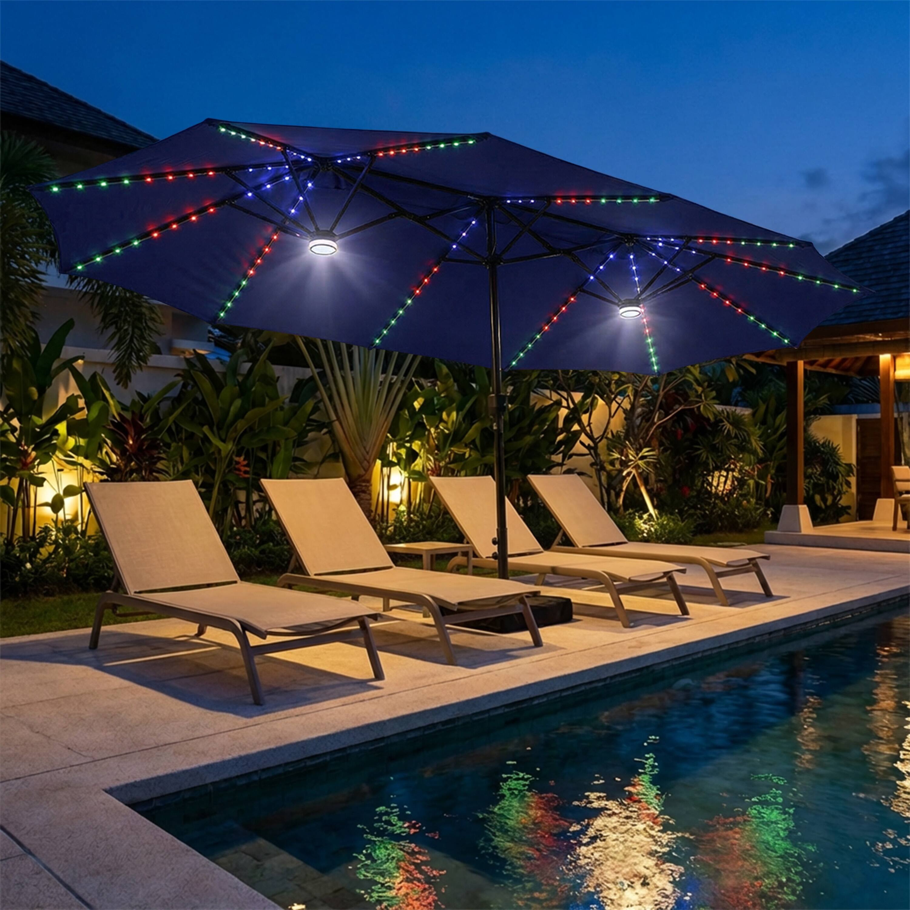 Back. Mondawe - 15ft Double-Sided Solar RGB LED Patio Umbrella with Base, Dual Charging - Navy.