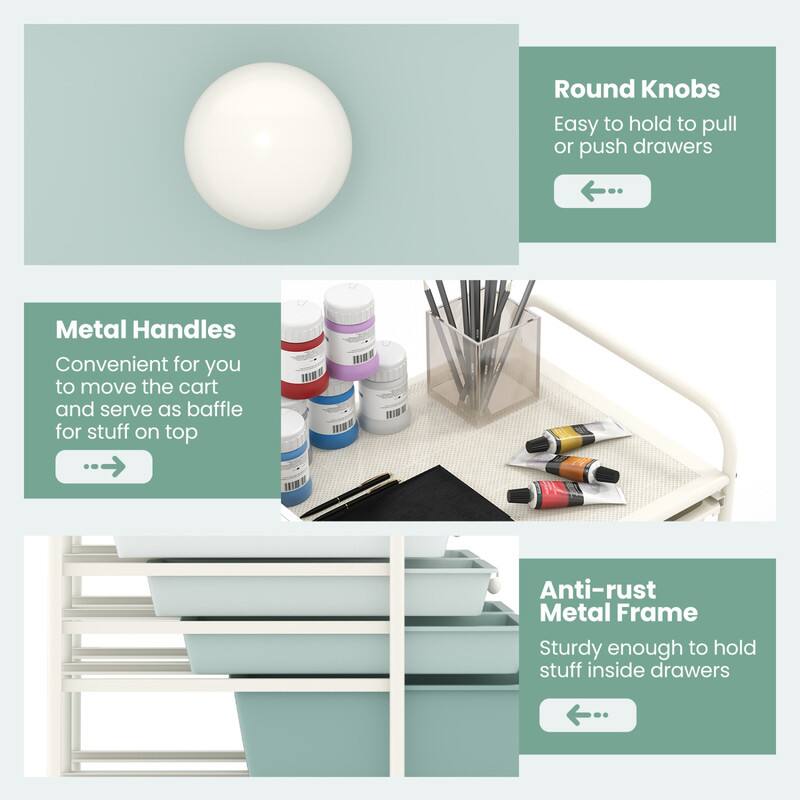 Round Knobs  
Easy to hold to pull or push drawers  

Metal Handles  
Convenient for you to move the cart and serve as baffle for stuff on top  

Anti-rust Metal Frame  
Sturdy enough to hold stuff inside drawers