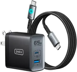 INIU - 65W Fast GaN Charger with USB-A/C Ports & 100W USB C to C 3.3ft Cable for Laptops, Phones, Tablets, etc. - Black - Front_Zoom