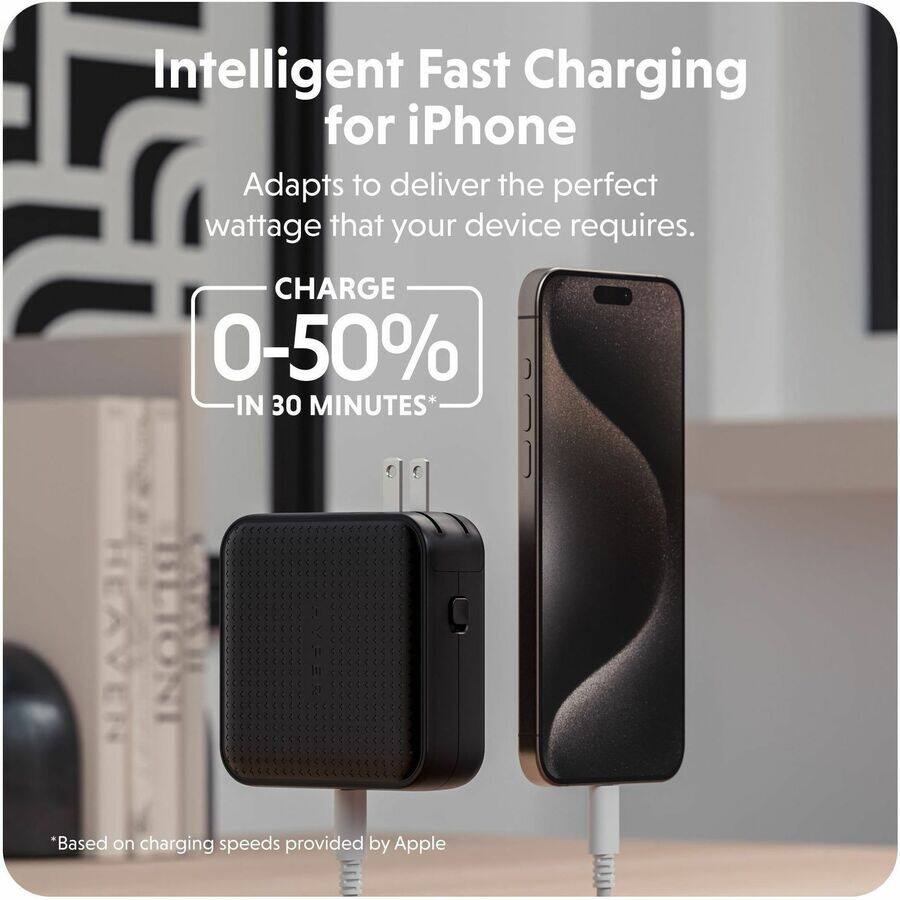 Intelligent Fast Charging for iPhone  
Adapts to deliver the perfect wattage that your device requires.  

CHARGE 0-50% IN 30 MINUTES*  

*Based on charging speeds provided by Apple