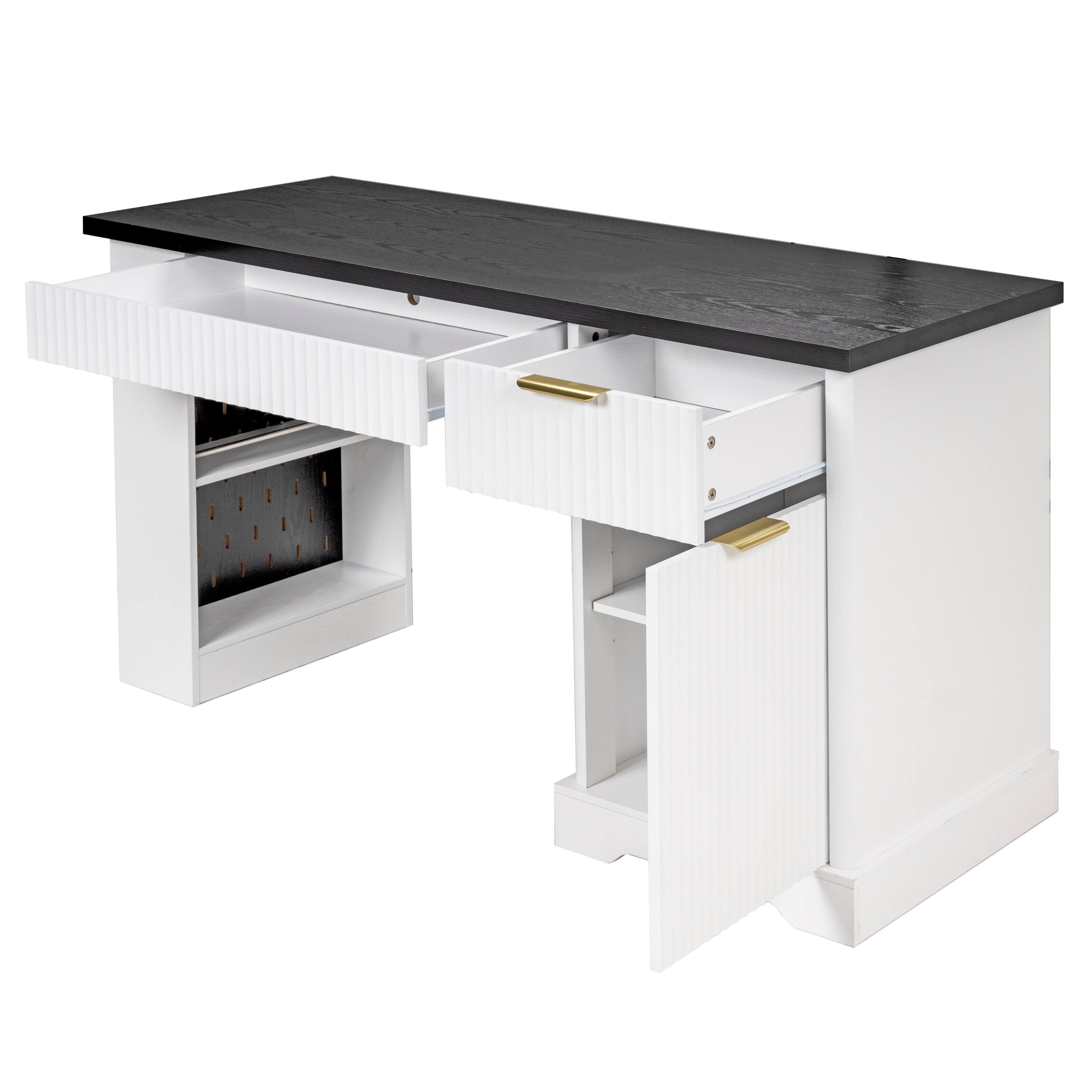 Alt View 3. Boyel Living - 55 Inch Fluted Office Desk with Storage Cabinet Drawers and Power Outlet White - Oak.