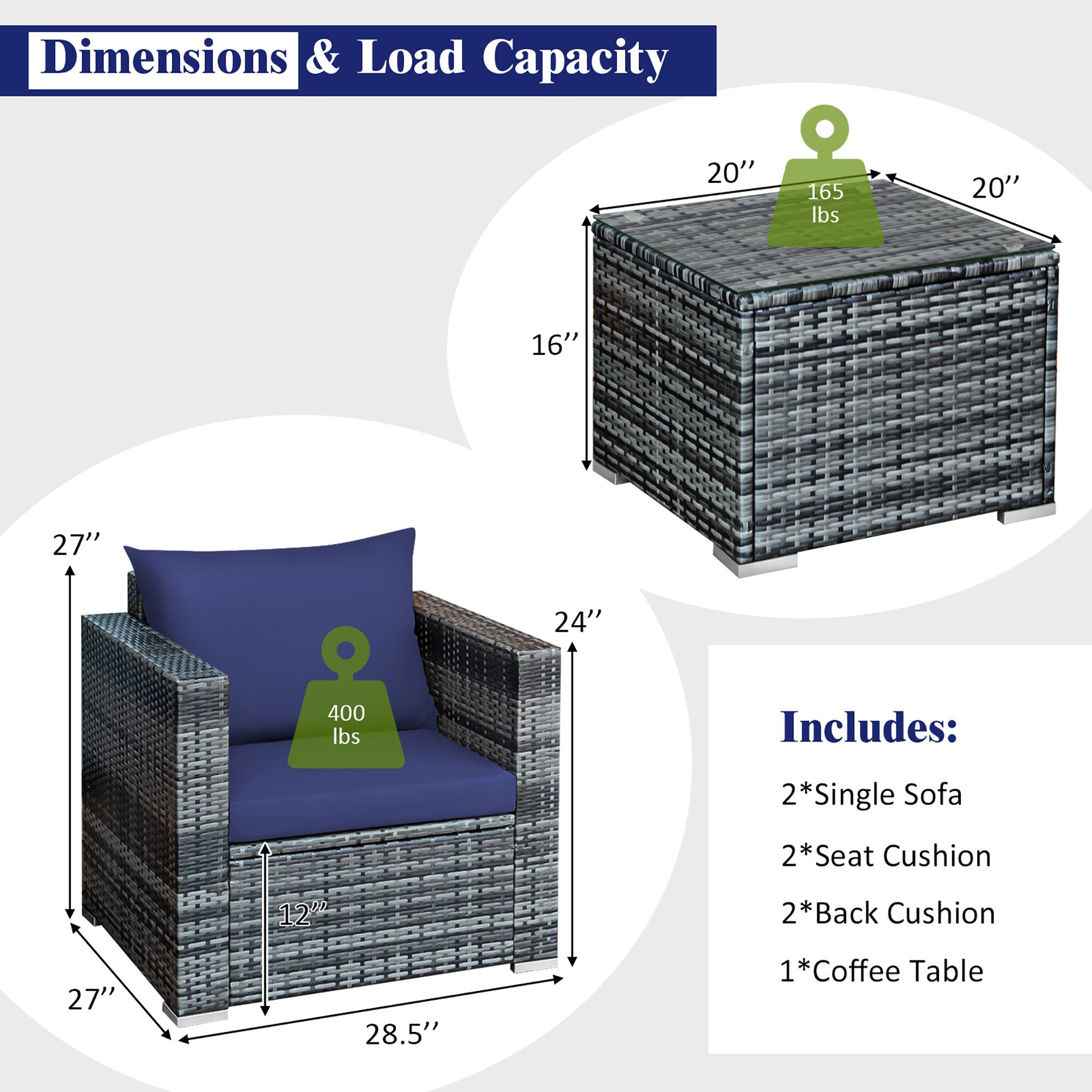 Dimensions & Load Capacity:

* 20" x 165 lbs
* 20" x 16"
* 27" x 24"
* 400 lbs

Includes:

* 2 x Single Sofa
* 2 x Seat Cushion
* 12" x 2 x Back Cushion
* 27" x 28.5" x 1 x Coffee Table