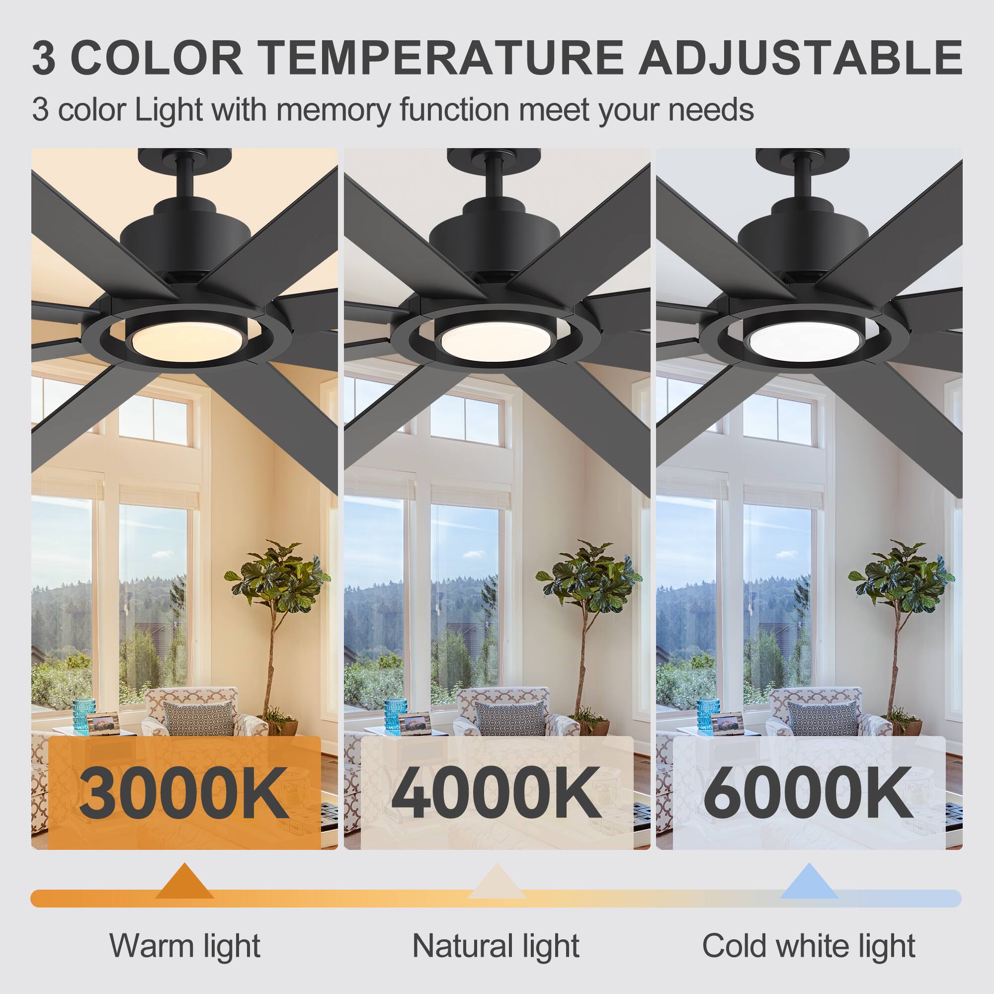 3 COLOR TEMPERATURE ADJUSTABLE  
3 color Light with memory function meet your needs  
3000K Warm light  
4000K Natural light  
6000K Cold white light