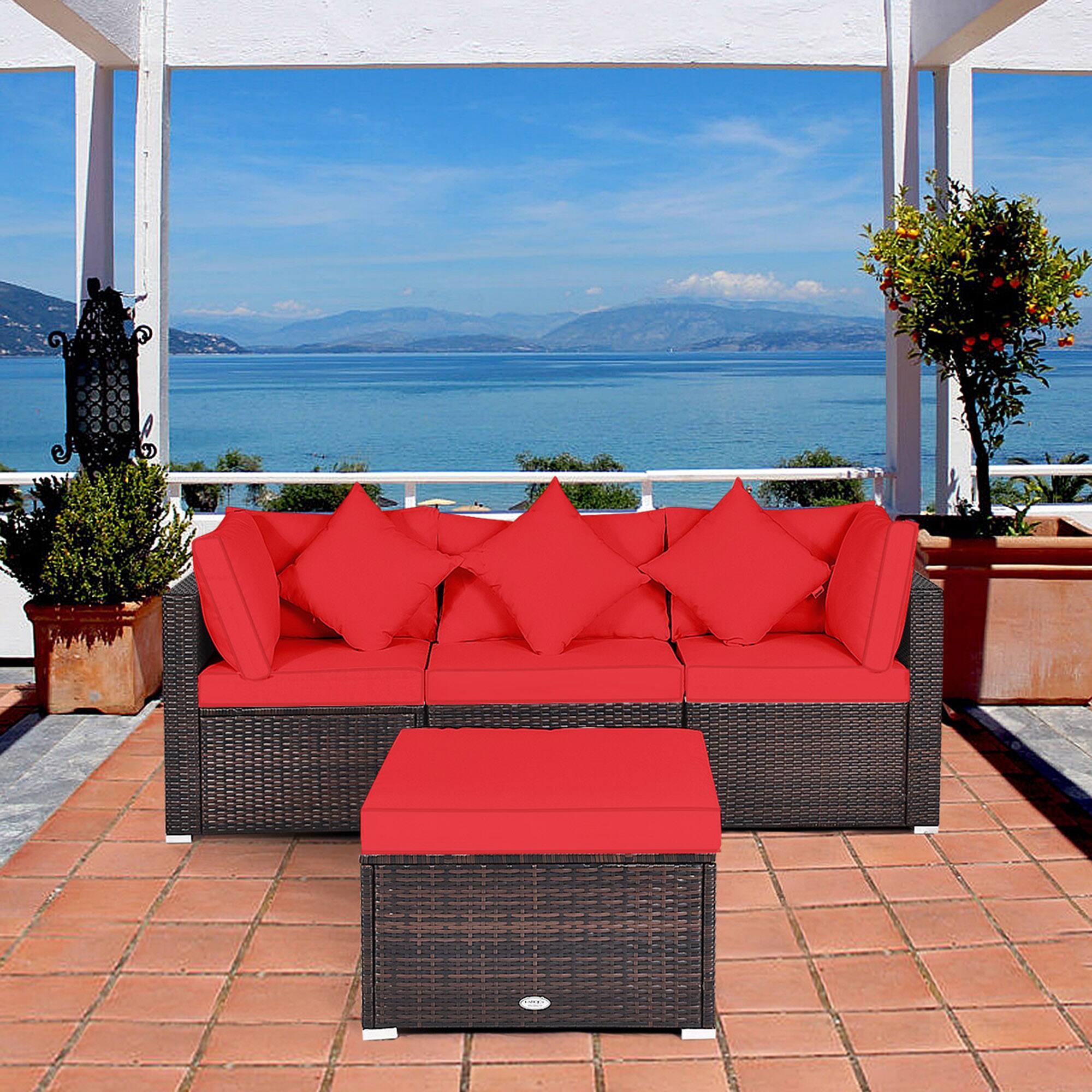 Alt View 3. Gymax - Gymax 4PCS Rattan Patio Conversation Furniture Set Yard Outdoor w/ Red Cushion - Red.